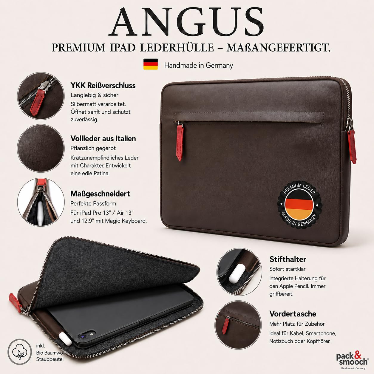 Pack & Smooch Etui Cuir Compatible avec iPad Pro/Air 11 | Cuir tanné végétal | Couleur Anthracite/Marron | Angus