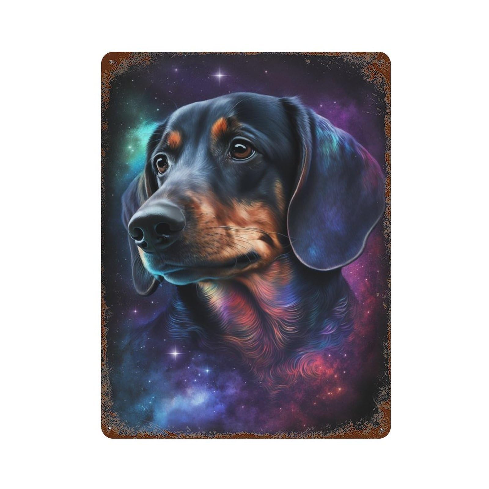 Rusty Metal Tin Sign with Galactic Dachshund Art Print -1 Design 15.7"x11.8", for Farmhouse, Kitchen And Entryway Decor, Classic Wall Plaque