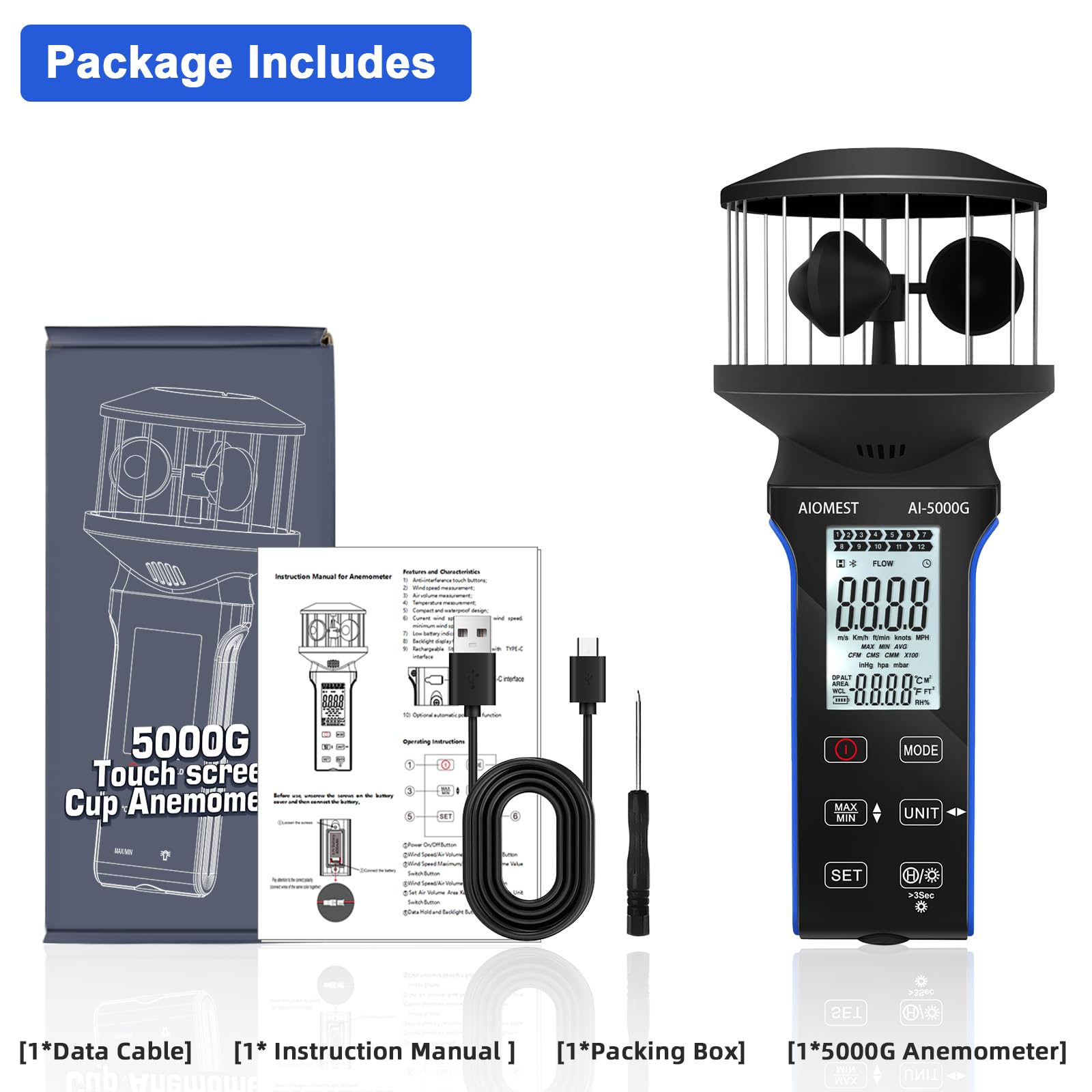 Anemómetro Digital Medidor de Caudal de Aire, AIOMEST Mano Sensor Viento 360°, m³/min