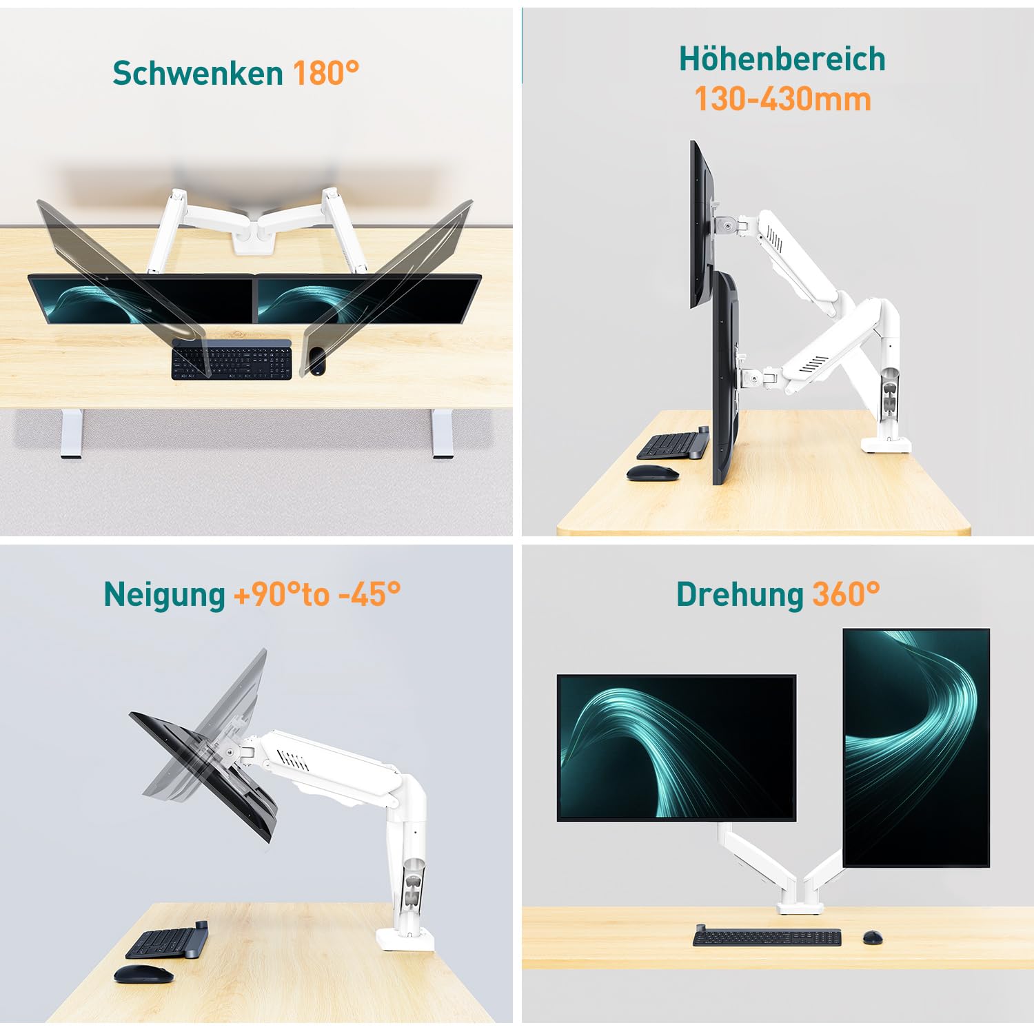 ELIVED Dual Monitor Halterung 2 Monitore weiß für 13-32 Zoll Bildschirme mit VESA 75/100, Gasdruckfeder 2 Monitorhalterung schwenkbar 180°, Drehbar 360°, Höhenverstellbar Monitor Arm, 9kg/Arm