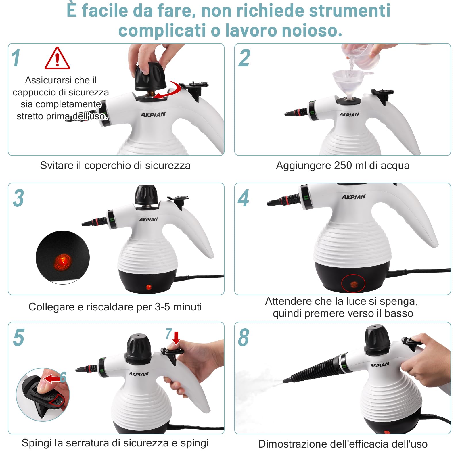 Pulitore a Vapore Manuale 1050W – Multifunzione con Set da 10 Accessori – Pulizia Senza Chimica per Fughe delle Piastrelle, Fornelli, Finestre, Vasca da Bagno, Box Doccia, Stracci e raccogli polvere