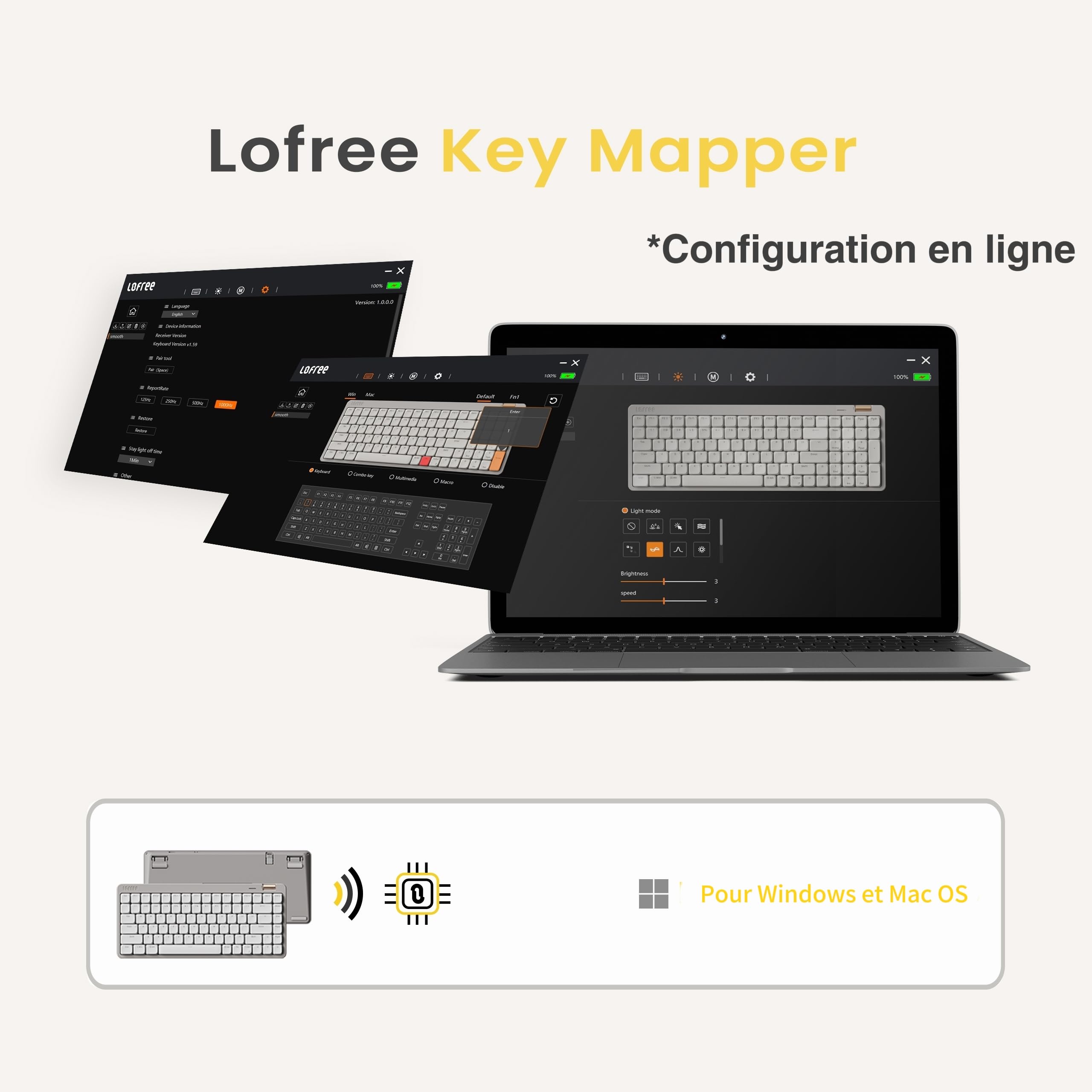 LOFREE Clavier mécanique Flow Lite84 Touches sans Fil Rechargeable Interchangeable avec récepteur2.4G, Connexion BT et Filaire pour Windows Mac Interrupteurs linéaires(Marble) Disposition FR