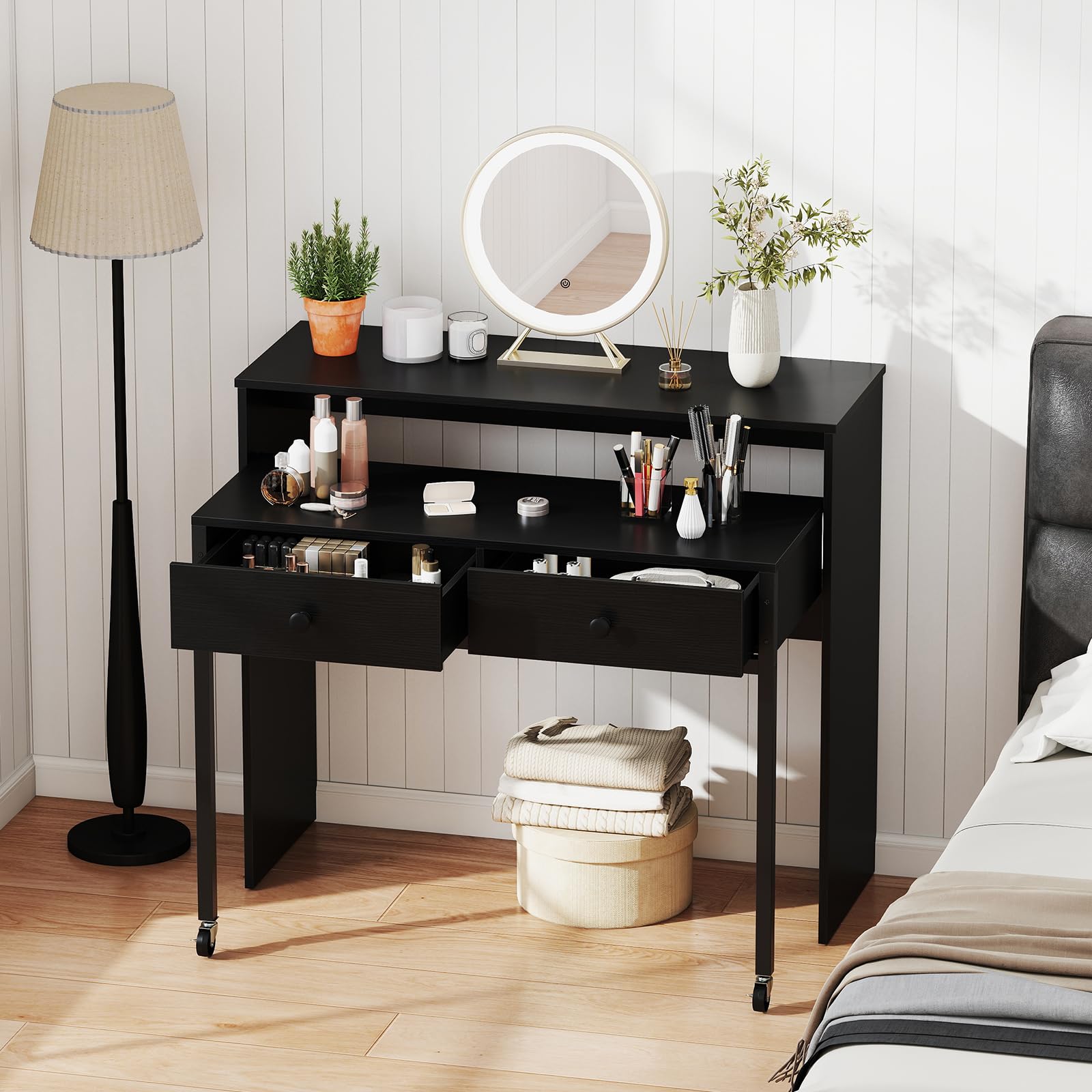 COSTWAY Scrivania per Computer, Tavolo Salvaspazio Retrattile con Cassetti e Ruote Universali Bloccabili, 100 x 63 x 88 cm, Desk Gaming per Ufficio, Soggiorno e Camera da Letto (Nero)