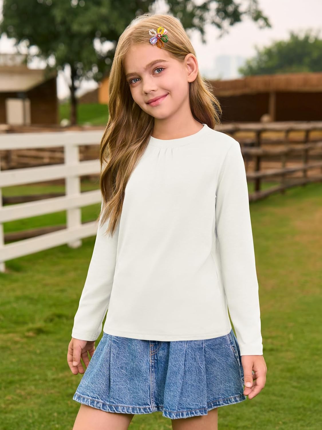 Haloumoning Girls Long Sleeve Tees Kids Casual Crewneck Pleated T Shirts Cute Fall Tops 5-14 Years White - Image 2