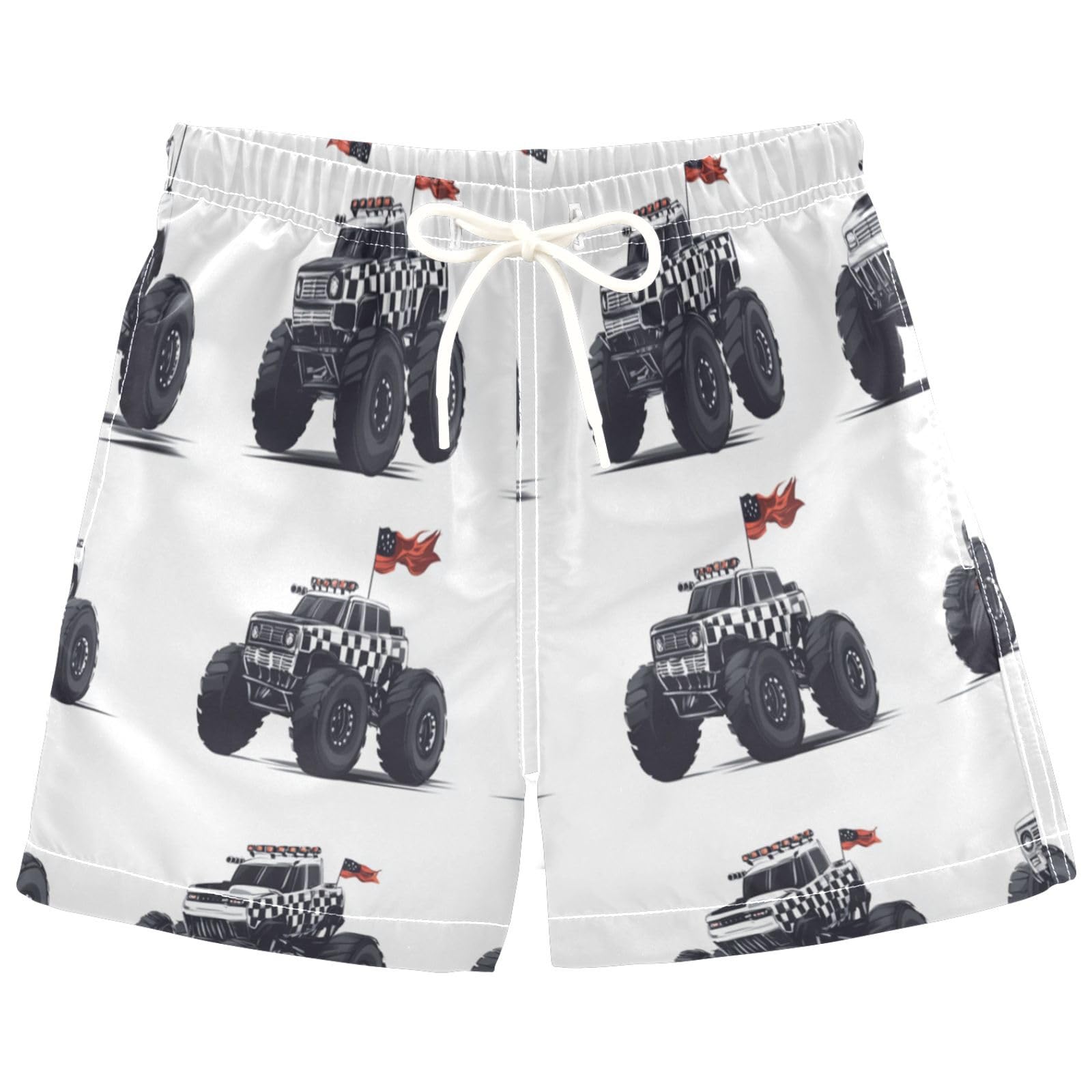 Pigsaly Boys Swim Trunks Red Flag White Black Checkered Monster Trucks Toddler Beach Board Shorts Summer Bathing Suit 3T