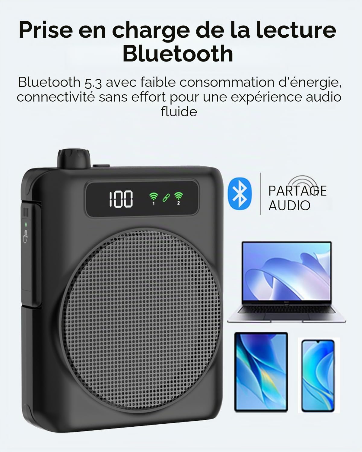 Amplificateur de Voix Portable sans Fil avec Microphone Cravate Rechargeable pour Enseignants, Guides, Entraîneurs