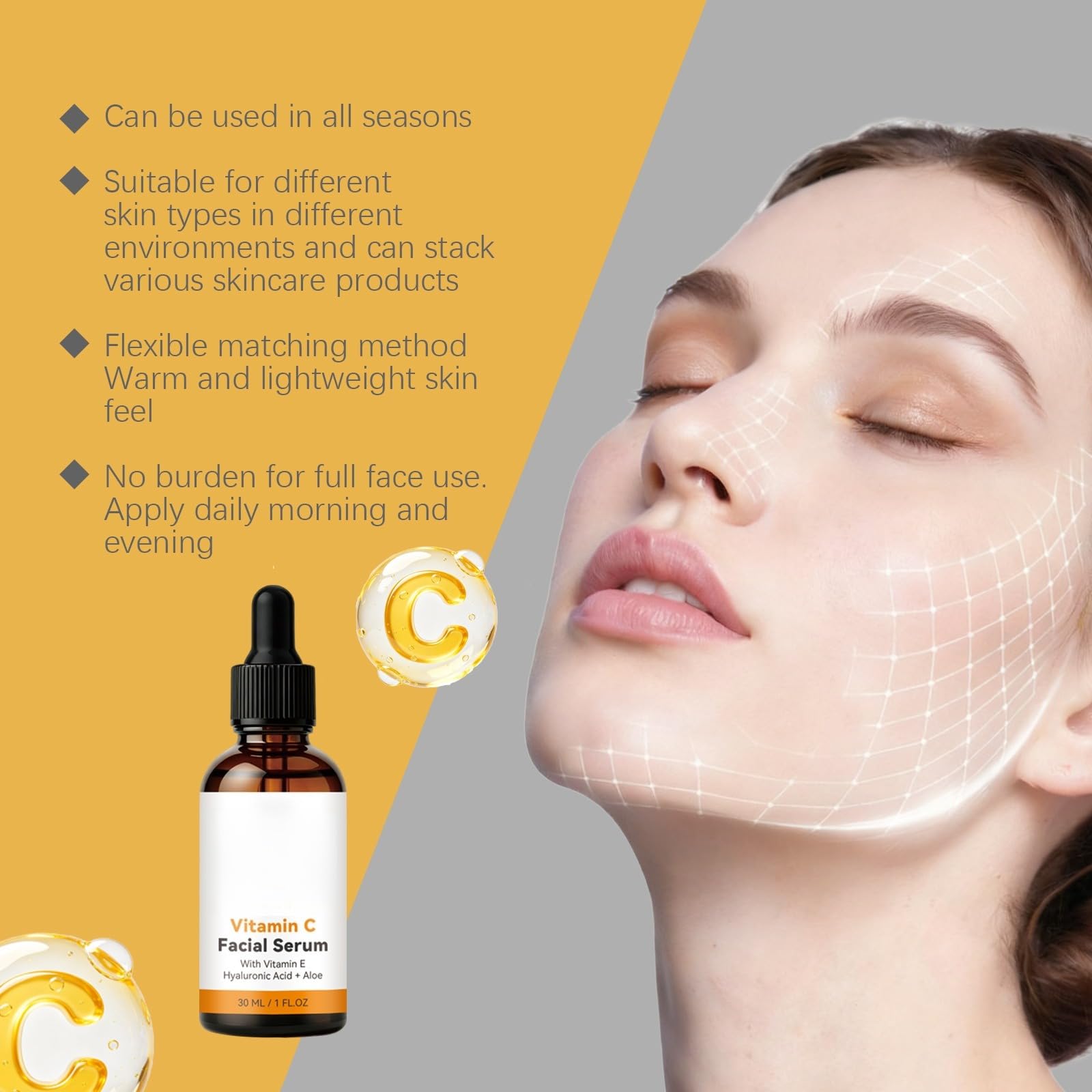 Serum witaminy C - Serum przeciwstarzeniowe Witamina C z kwasem hialuronowym, witamina E, aloes - Serum świecące dla ciemnych plam, cienkie linie i zmarszczki, przeciw ciemnemu kołu, przeciw