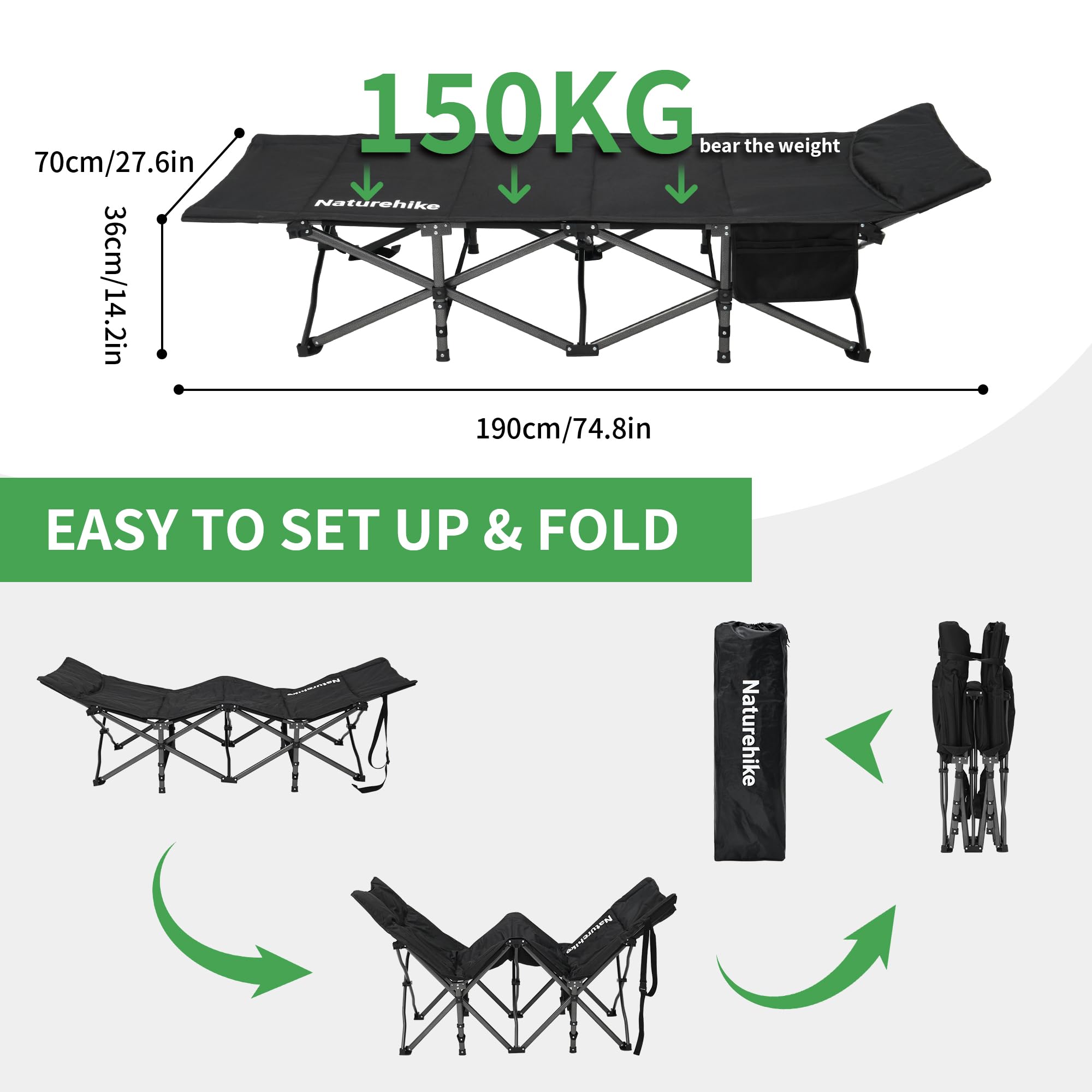 Naturehike Lettino Da Campeggio Pieghevole, Con Cuscino Lettino Da Campeggio 190 X 70 X 48 Cm, Contiene Uno Strato Trapuntato Spesso 3 Cm, Capacità Di Carico A 150 Kg, Poltrona Lounge Portatile