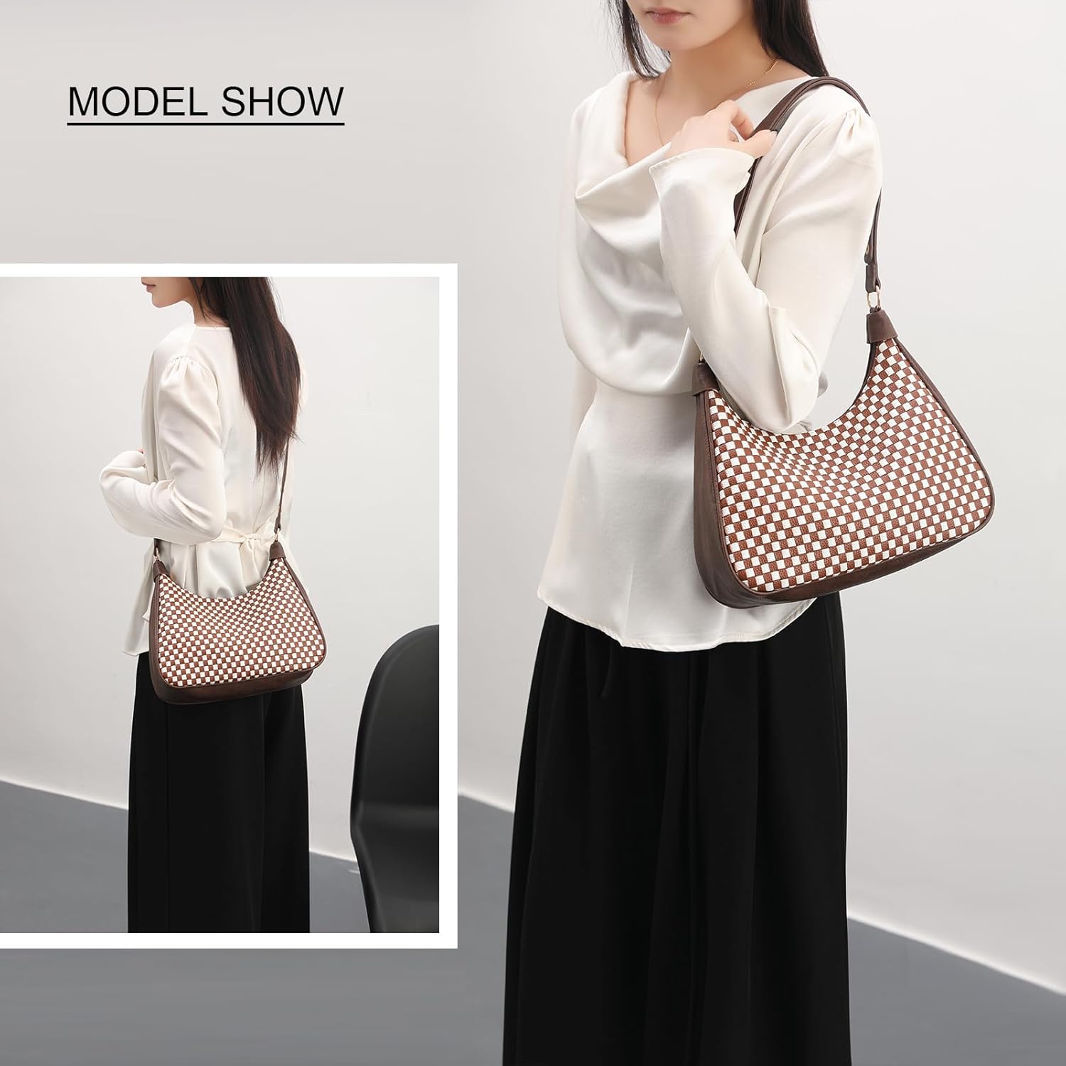 NIUEIMEE ZHOU Woven Shoulder Bag for Women Vegan Leather Checkered Crossbody Bags Tote Hobo HandBag Underarm Purses