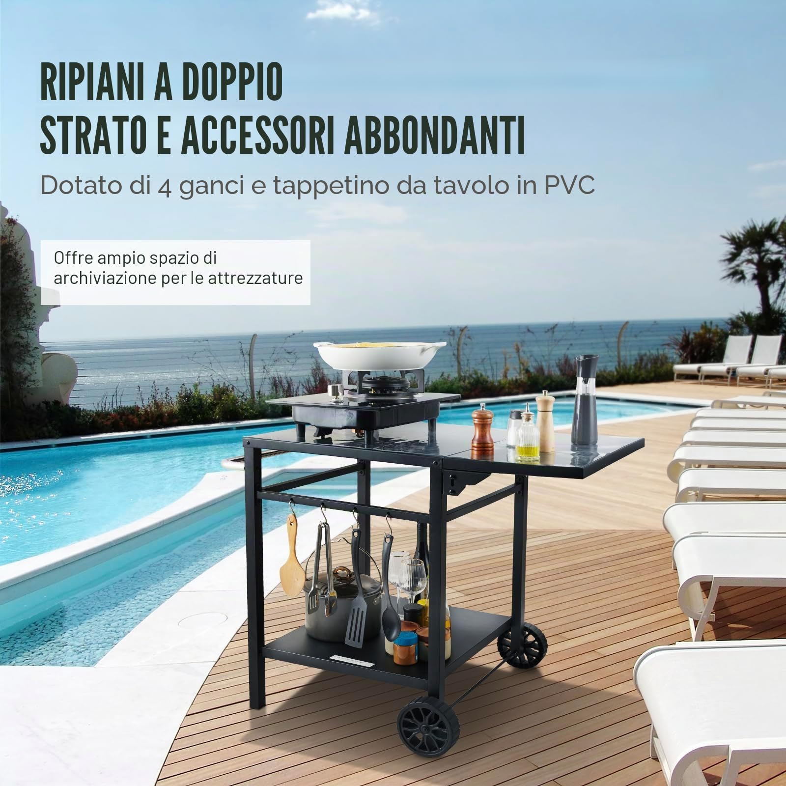 VEVOR Carrello da Pranzo per BBQ da Esterno con Doppio Ripiano, Tavolo Mobile per la Preparazione degli Alimenti per Barbecue, Piano Multifunzionale in Ferro Pieghevole, Carrelli Modulari per Esterno