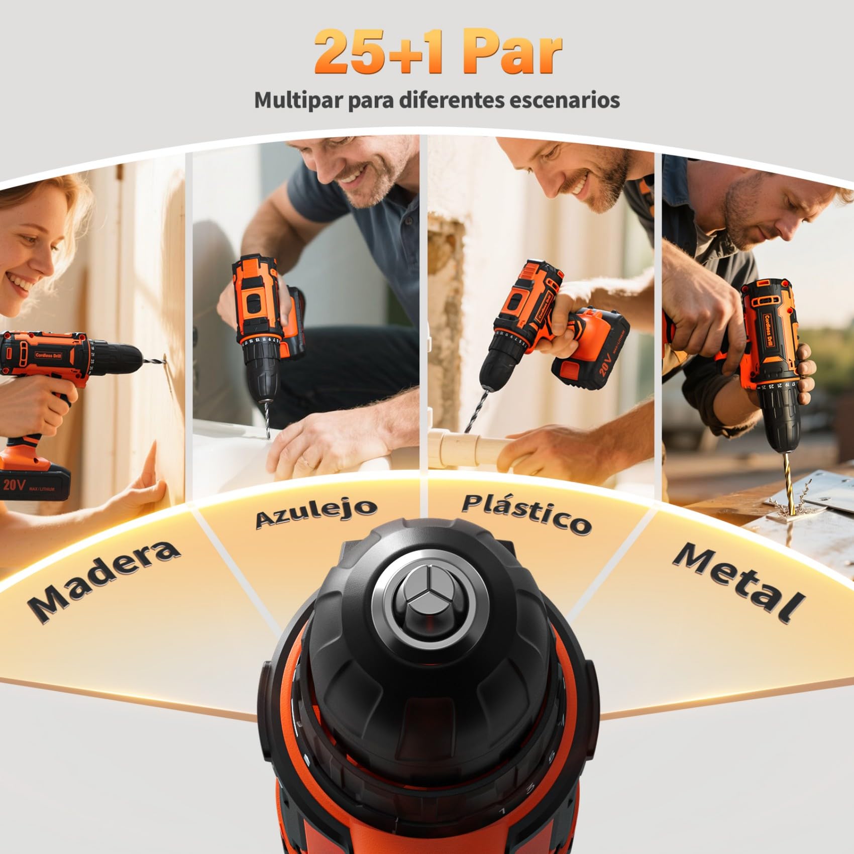 Taladro Atornillador a Batería 20V Inalámbrico, 42Nm Alto Torque, 2 Baterías Recargables 2000mAh, 25+1 Ajustes de Par, 2 Velocidades, Portabrocas 10mm, Luz LED Integrada, Juego 24 Piezas Accesorios