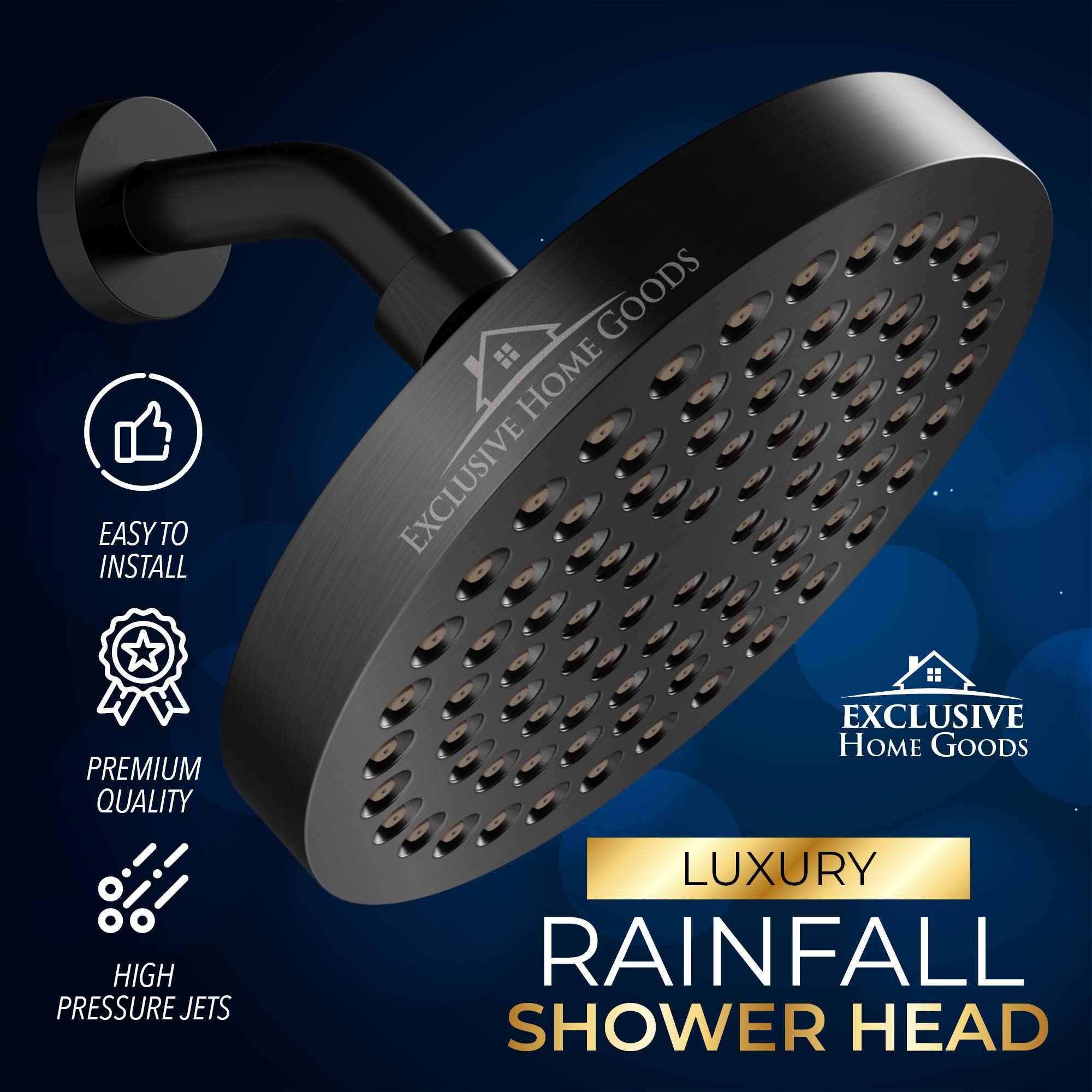 Cabezal de ducha de lujo con lluvia – cabezal de ducha de alta presión, cabezal de ducha de lluvia Ant-Clog boquillas de silicona (1,8 GPM, negro mate)