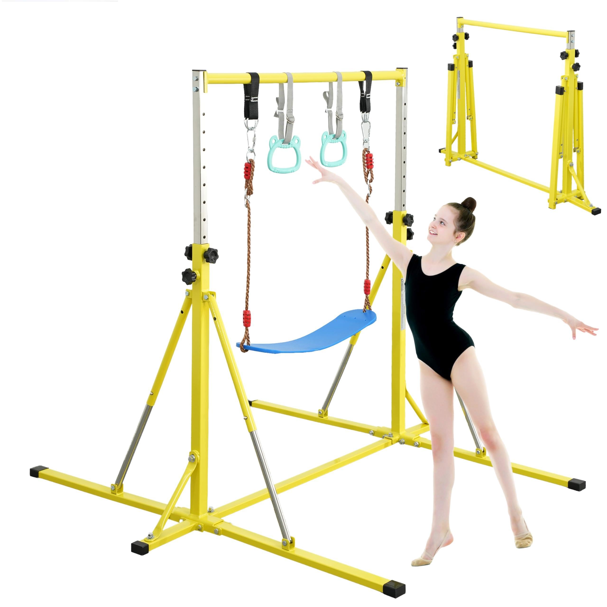 FC FUNCHEER Foldable Gymnastics Bar,5FT Horizontal bar,Adjustable Kids Training bar for Kids Ages 3-15,Kids Gymnastics bar,Triangle Stable Structure-Gym Equipment for Home