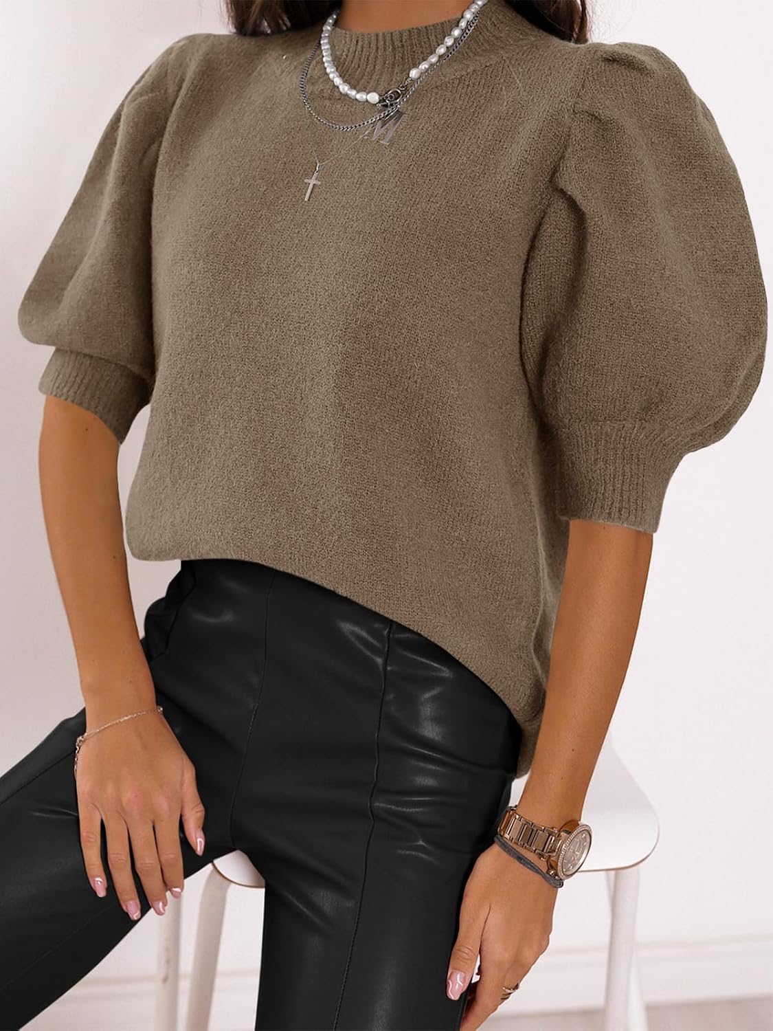 Women's Puff Short Sleeve Sweater Tops 2025 Summer Fall Trendy Knit Crew Neck Casual T Shirts Blouses