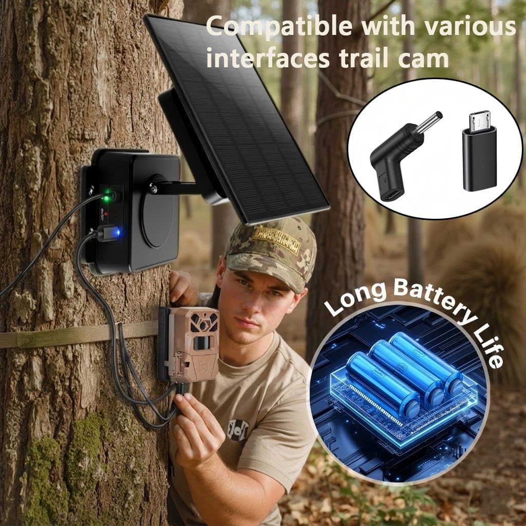 Solar Panel for Ring Camera - 5W Solar Charger with Power Pack Compatible with Most Blink Reolink Cameras Doorbell IP65 Waterproof, 10FT Cable with USB-C to Ring Barrel Plug Micro USB Adapter