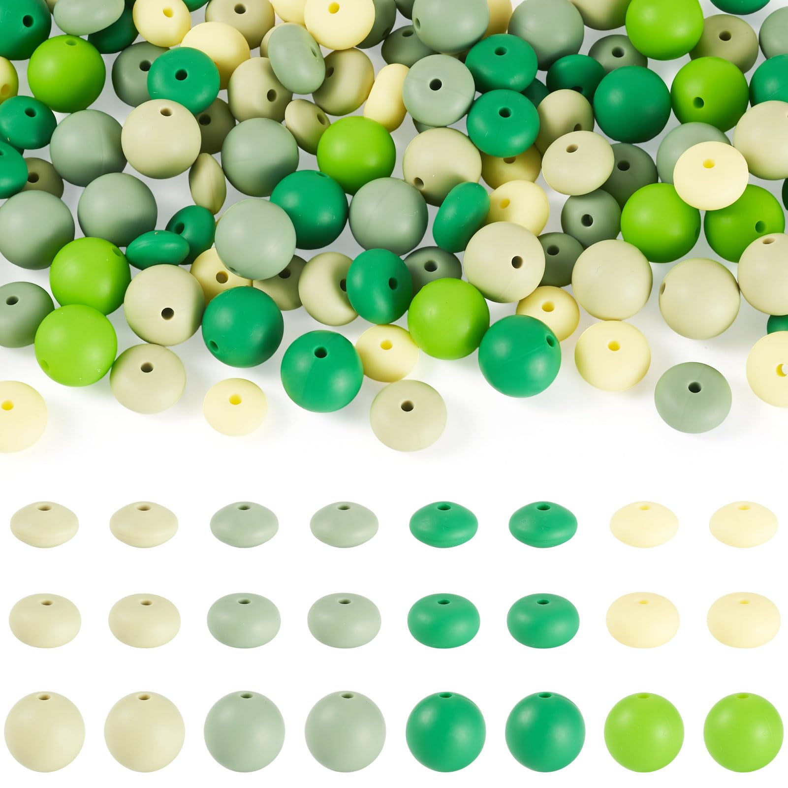 Cheriswelry 120Pcs 15mm Round Silicone Beads Green Yellow Silicone Abacus Beads Lentil Rondelle Rubber Focal Bead for DIY Beadable Pens Bracelet Keychain Jewelry Making — image 1