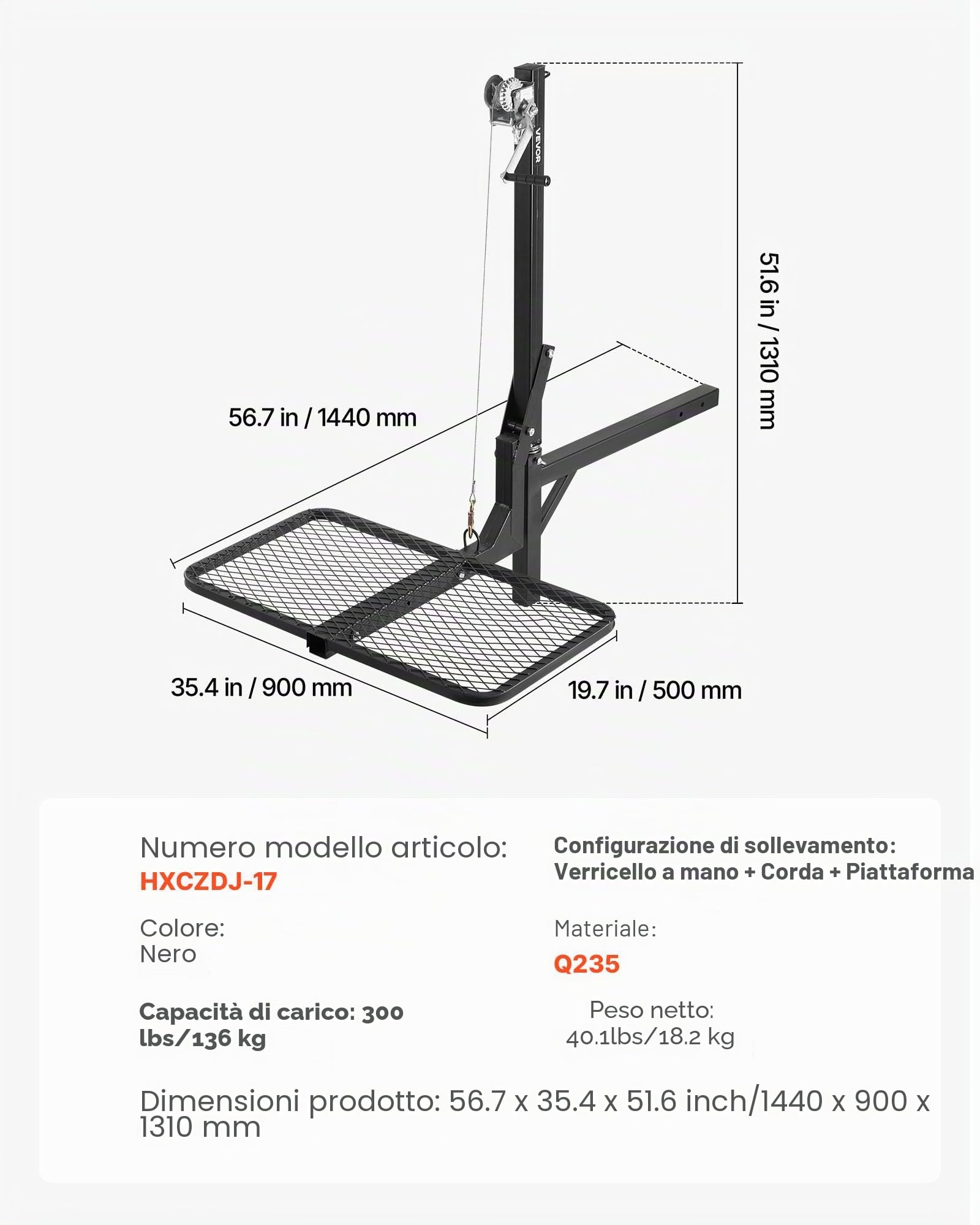 VEVOR Argano per Cervi con Piattaforma di Sollevamento, Carico di 136 kg, Verricello per Selvaggina con Ricevitore da 50,8 mm, Girevole a 360 Gradi e Gancio Pieghevole per Spostare la Selvaggina