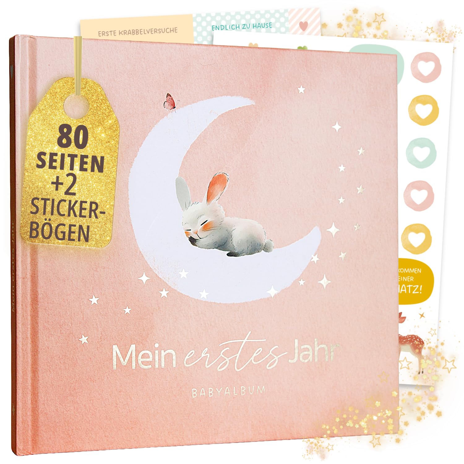 Mein erstes Jahr Babyalbum | Erinnerungsbuch Baby | Hochwertiges Fotoalbum Baby mit Goldprägung I 80 Seiten Baby Tagebuch I Geschenk zur Geburt für Mädchen und Junge - Babygeschenke Babyparty (Rosa)