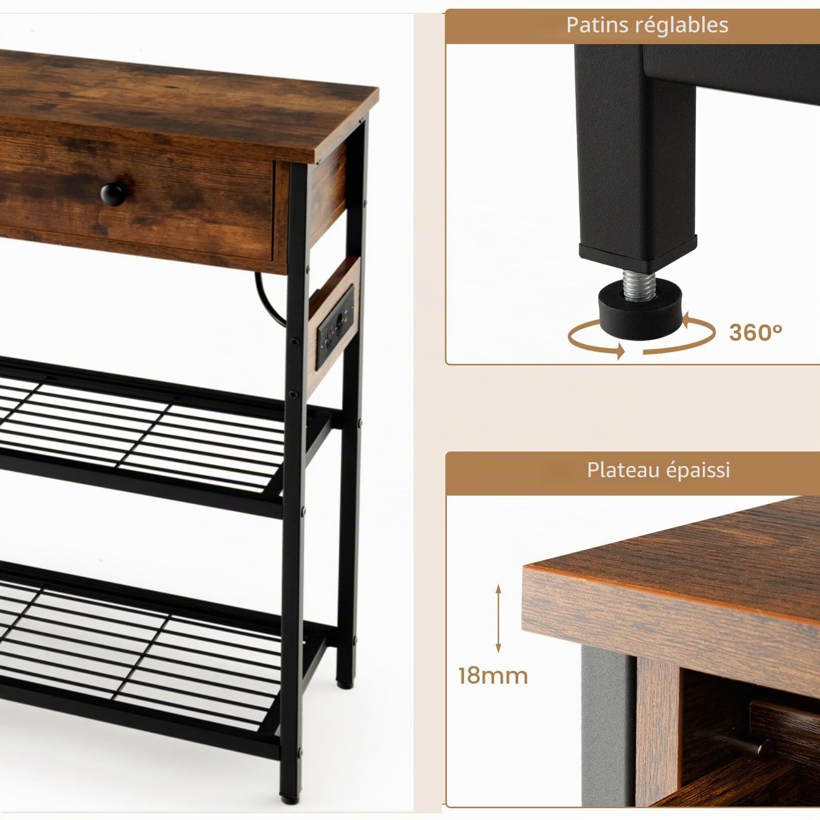 LIFEZEAL Table Console avec Prise de Courant et Ports USB, Table de Couloir Industrielle Ports USB, Meuble d’Entrée avec 2 Tiroirs, 81 x 30 x 81 cm, Marron+Noir