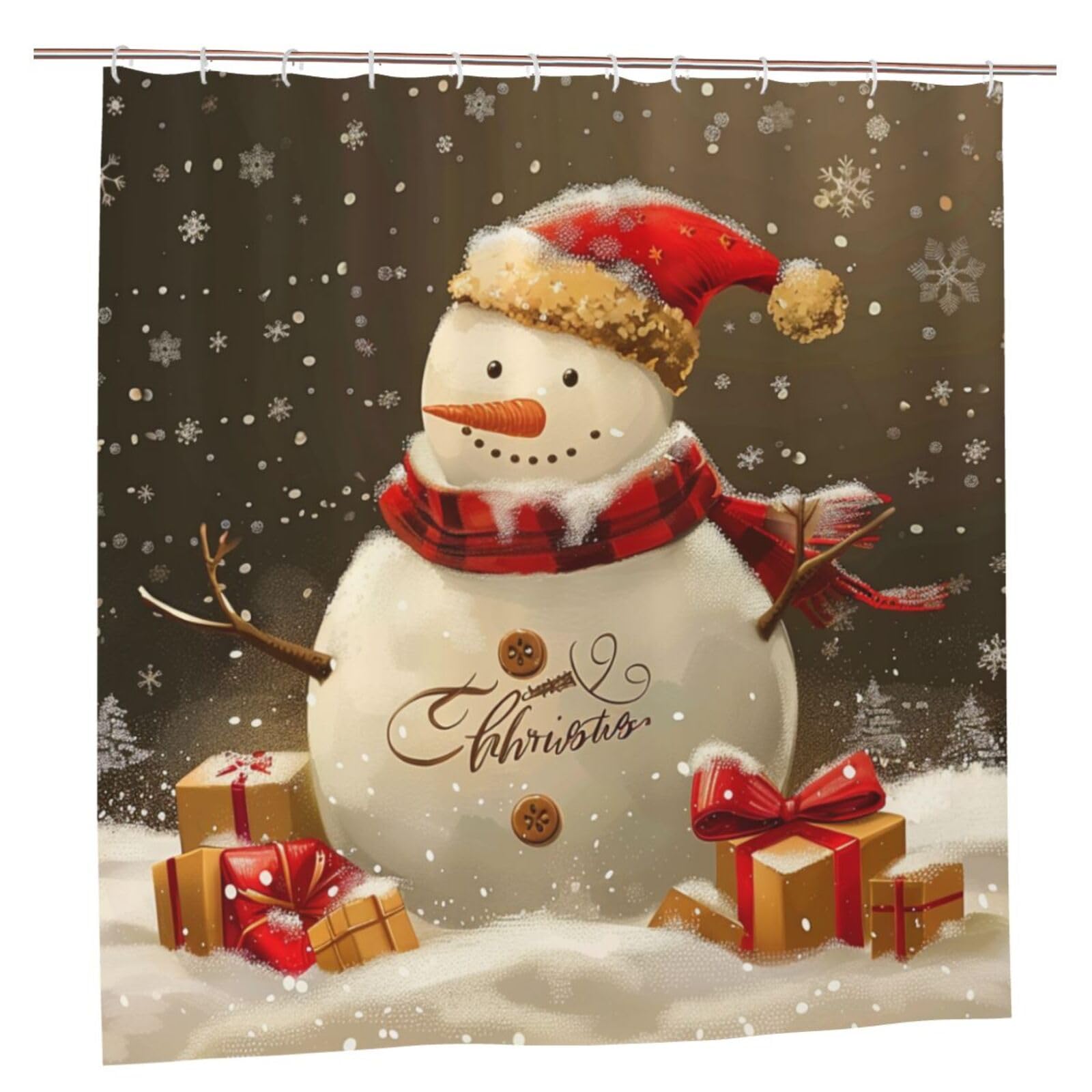 BWWHCCTI Christmas Snowman Printed Shower Curtain With 12 Plastic Hooks Opaque Quick Drying Waterproof Shower Curtains Sets For Bathroom 183x183 CM