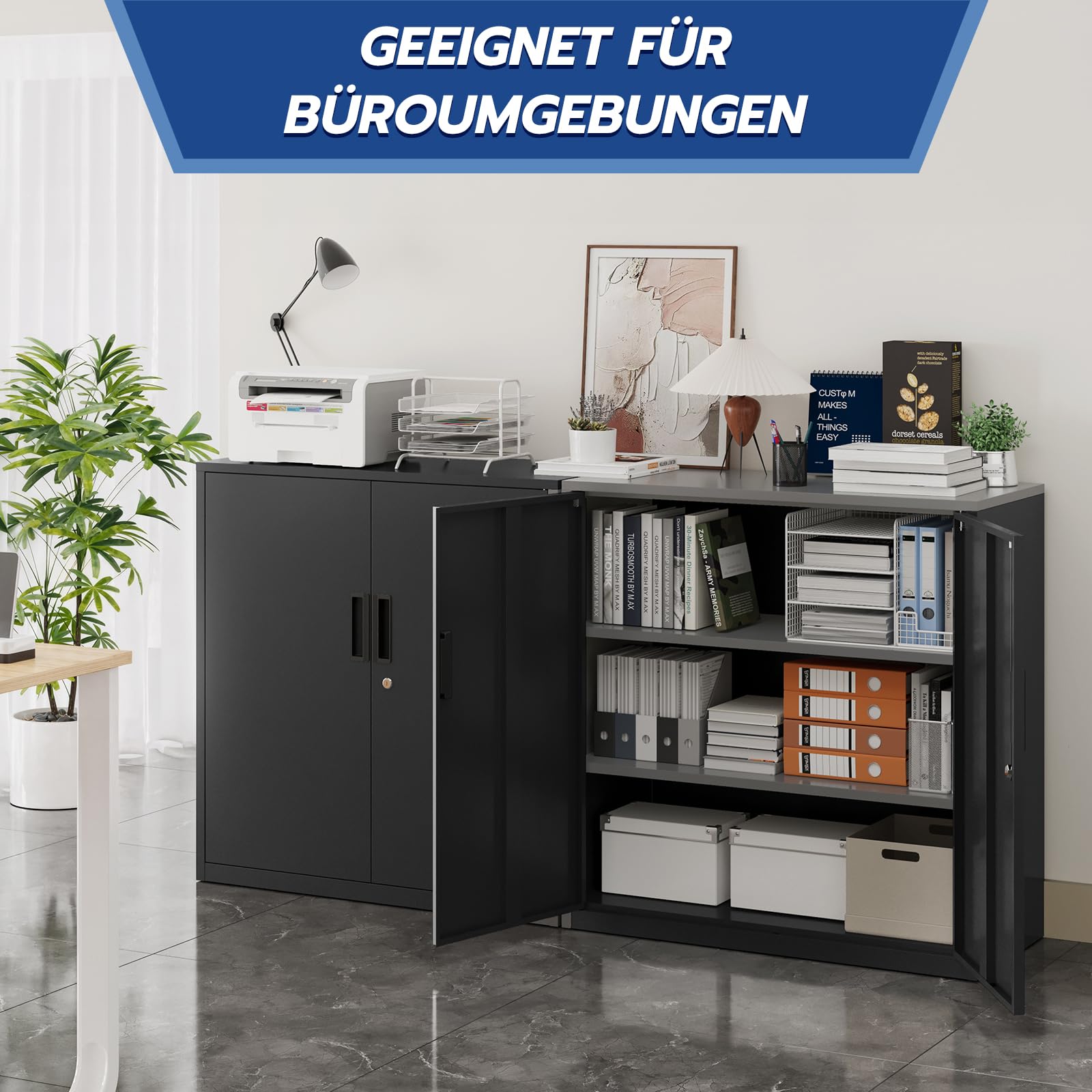 YOUDENOVA Aktenschrank, 90 x 90 x 40 Metallschrank abschließbar mit 2 Türen, Mehrzweckschrank mit 3 Ebenen, verstellbare Ablagen, Werkzeugschrank für Büros, Ateliers und Garagen, Schwarz