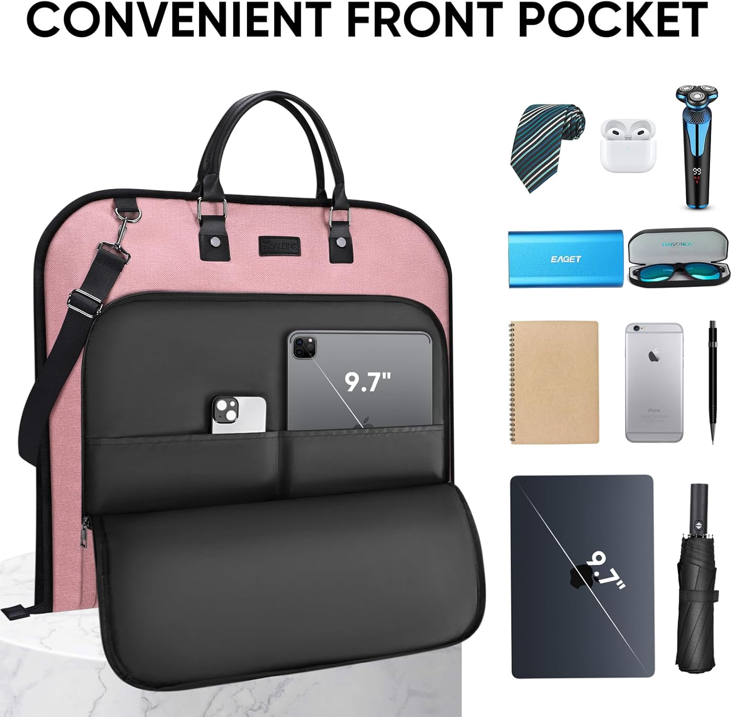 BALEINE Travel Garment Bag, Travel Suit Bag for Men, 42'' Waterproof Carry on Garment Bag for Hanging Clothes, Garment Duffel Bag for Travel Business (Pink) - Image 3