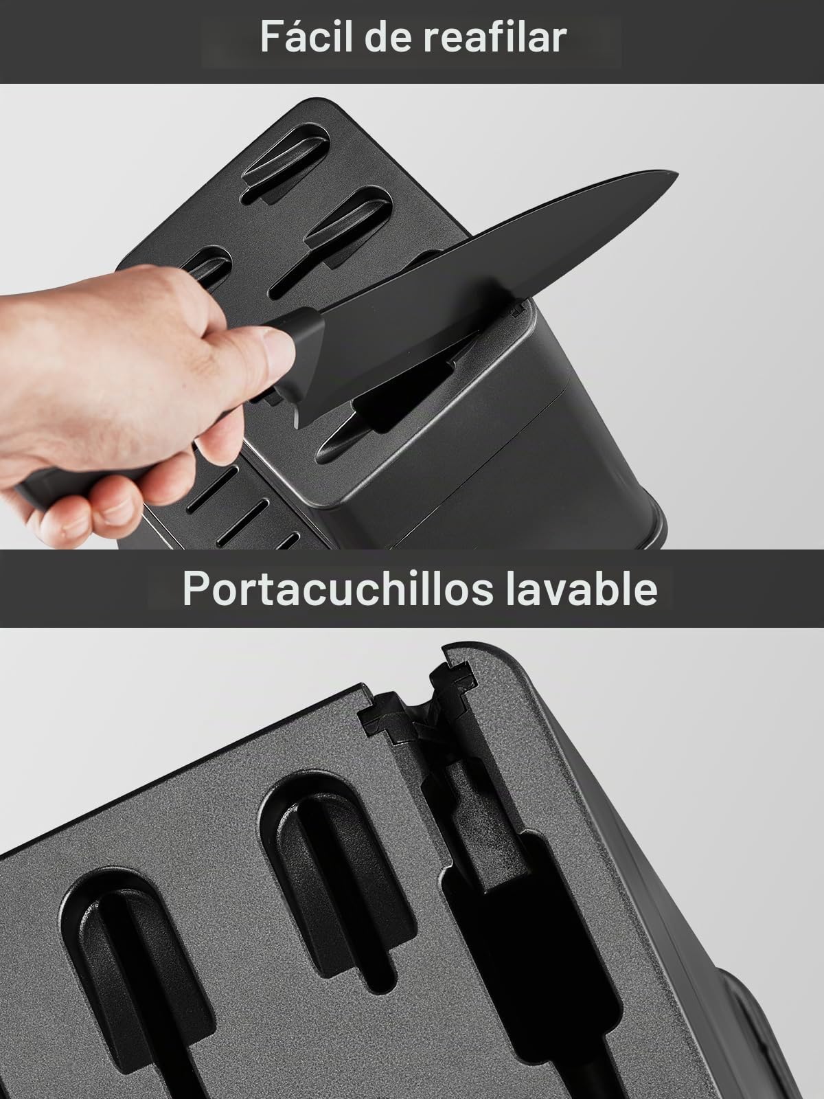 FOHERE Juego de Cuchillos de Cocina con Afilador Integrado, 13 Piezas Negro Revestimiento de Antiadherente, Cuchillos Cocina con Mango Ergonómico y Acero Inoxidable, Gris Mate