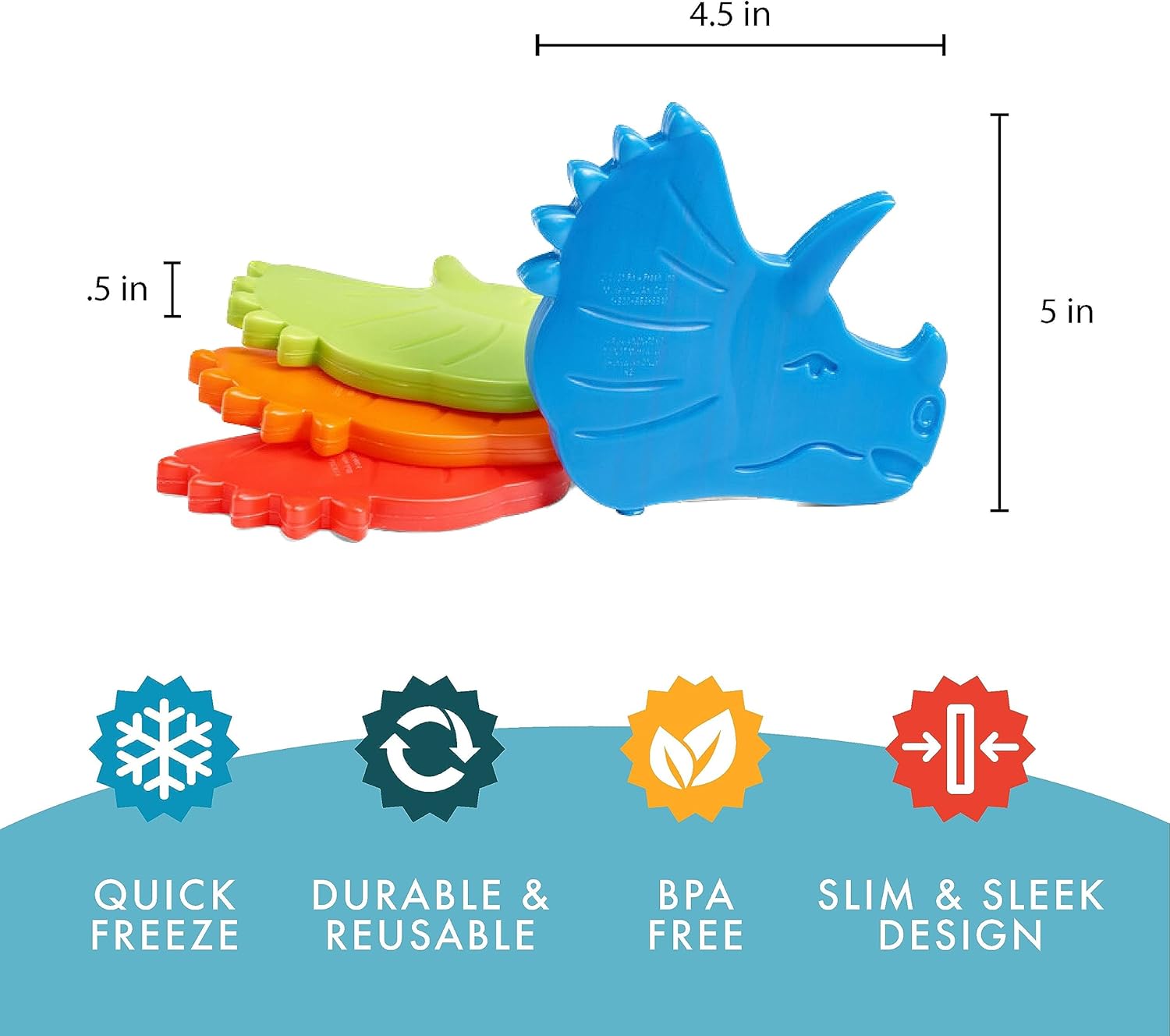 Cool Coolers by Fit & Fresh Kids Lunch Box Ice Packs, Slim Shaped Freezer Pack for Lunch Bags and Coolers 4 Pack Dinosaur Multicolor Dinosaur - Image 3