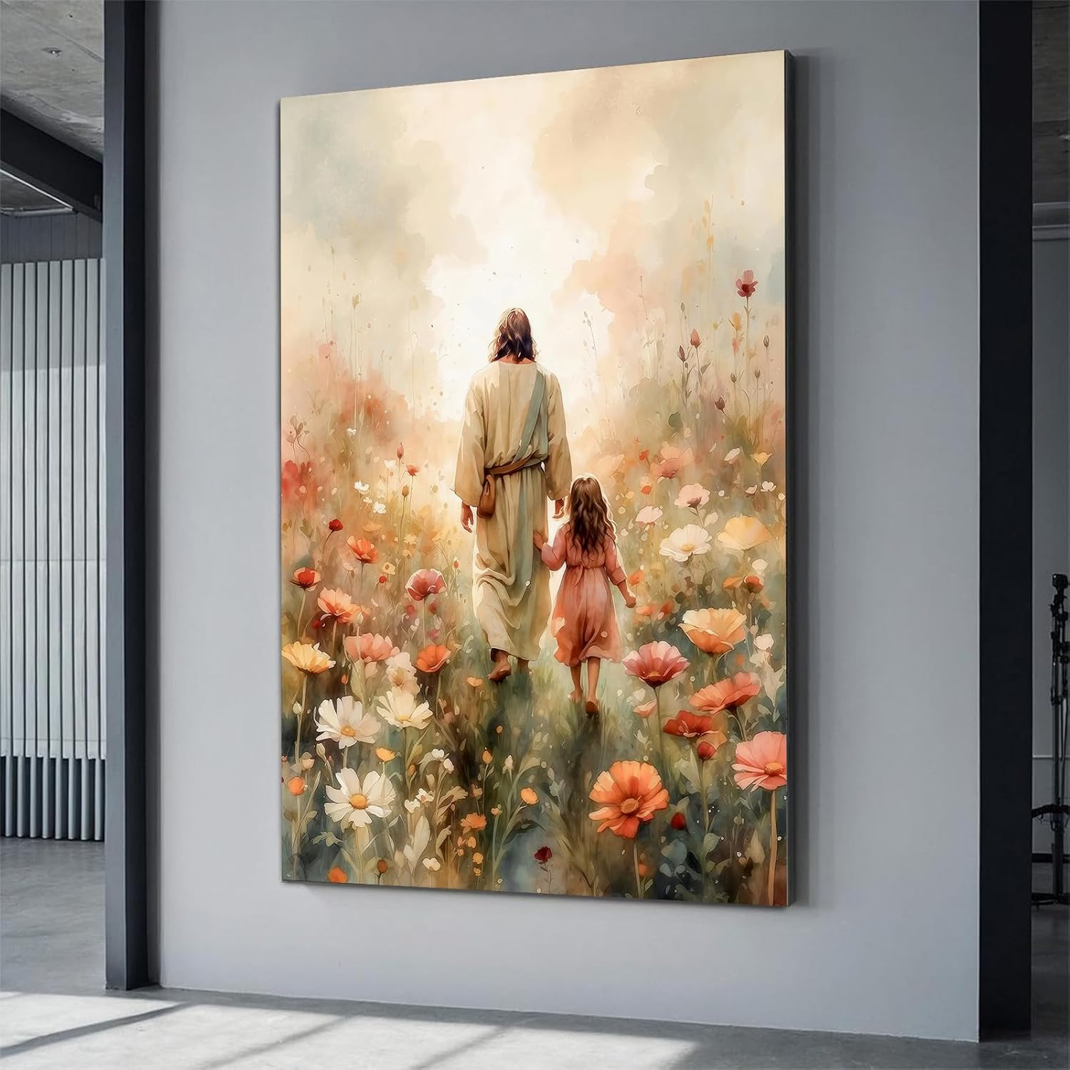 Jesus Walking with Girl Canvas Wall Art Christian The Way He Leads Wall Decor Picture I will walk with Christ Poster Print Religious God Artwork for Baby Girl Room Decoration Framed 16x24 inch