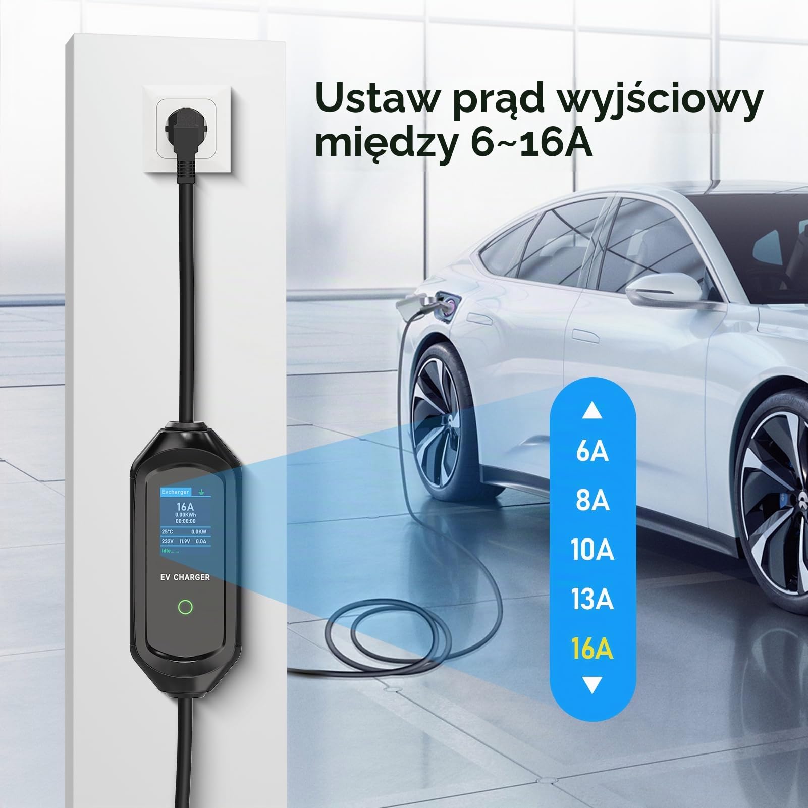 Kabel ładujący typu 2 Schuko 3,68 kW 6 m, 1-fazowy, samochód elektryczny typ 2, Schuko ze sterowanym wyświetlaczem cyfrowym, 6/8/10/13/16 A, regulowany prąd, ładowarka EV do IEC 62196-2