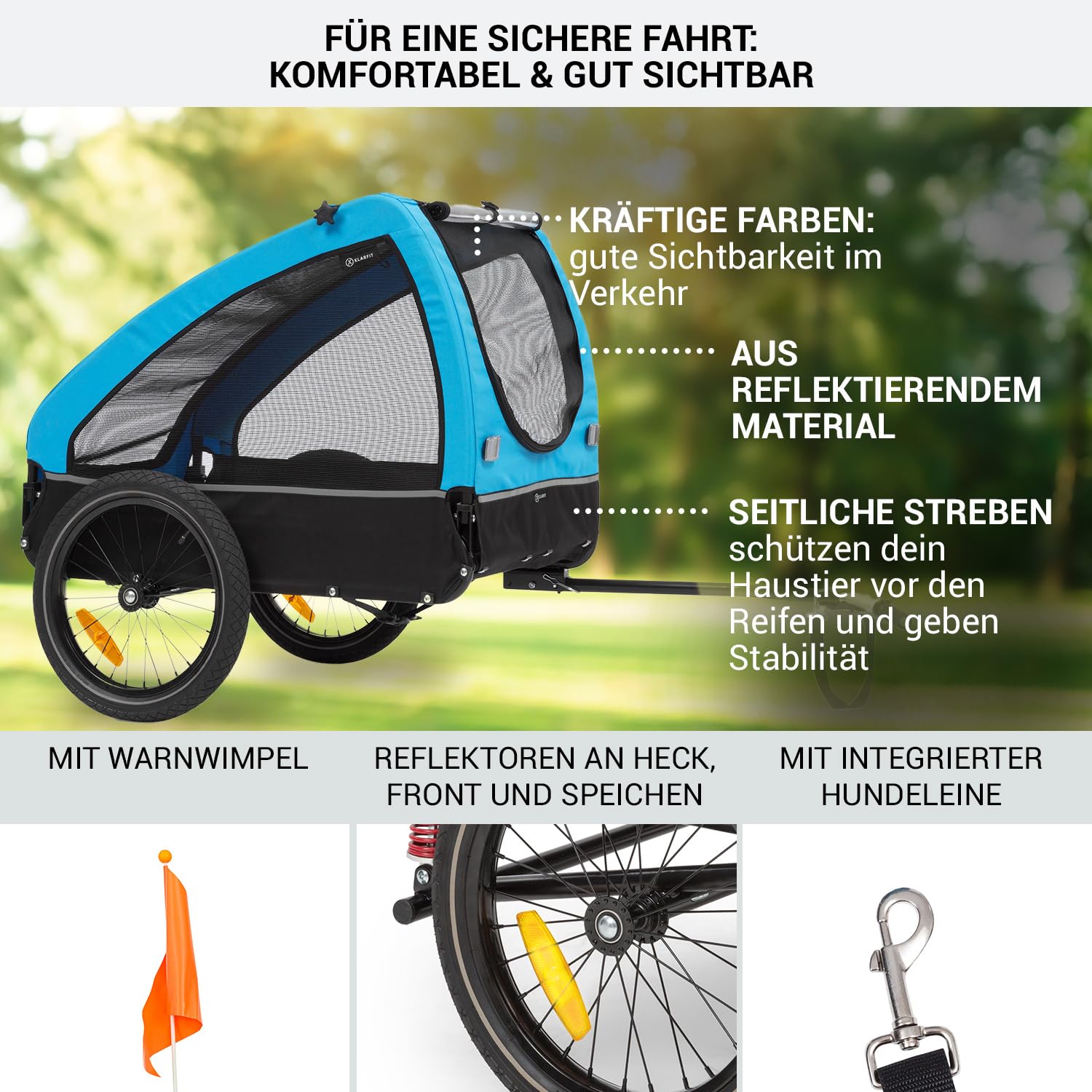 Klarfit Husky City Fahrradanhänger, Fahrrad Anhänger für Hunde, Hundefahrradanhänger mit Reflektoren & Lleine, Hundebuggy, Fahrradanhänger Hunde Gefedert, Hundeanhänger für Fahrrad