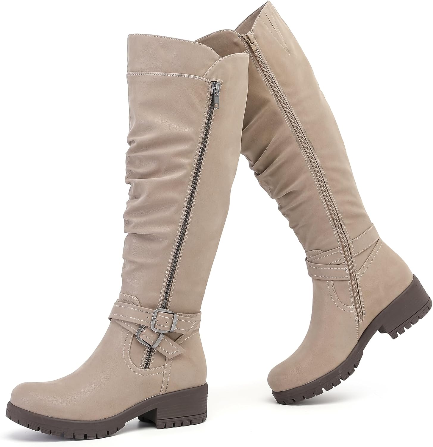 Women's Slouchy Knee High Boots Low Heel Comfort Round Toe Tall Calf Flat Riding Combat Boots for Women.