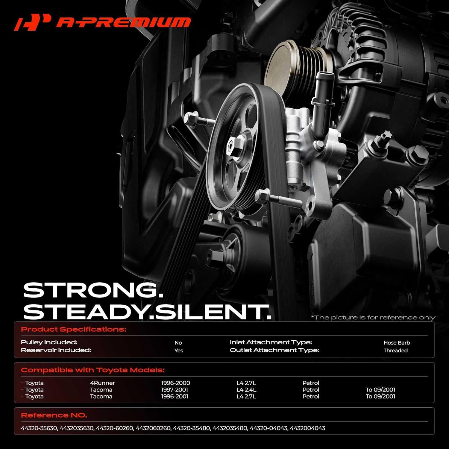 A-Premium Power Steering Pump, with Reservoir, Compatible with Toyota Tacoma 1996-2001, 4Runner 1996-2000, 2.4L 2.7L Gas, Replace # 6099PR, 44320-60260