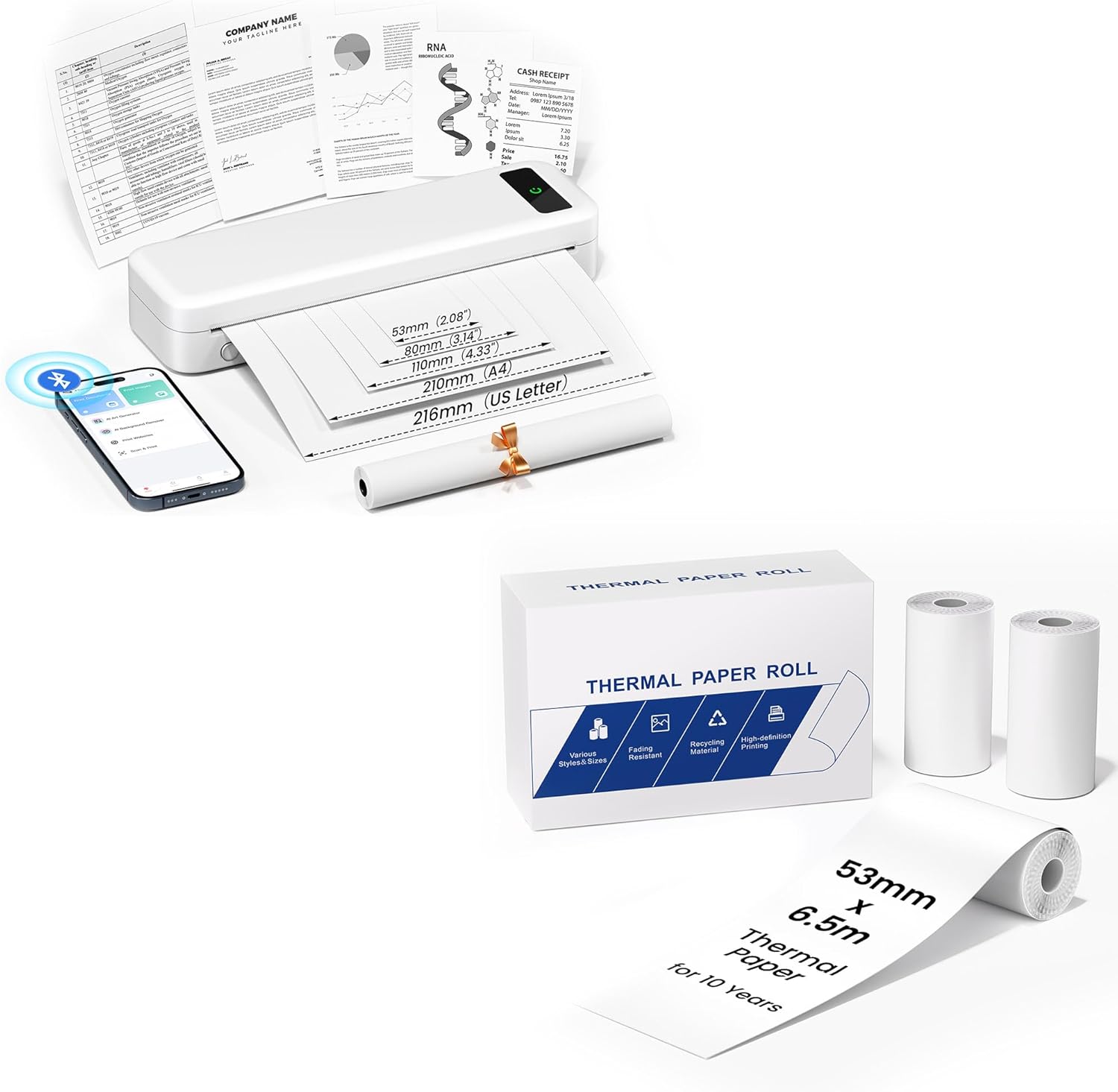 TATTMUSE Wireless Portable Thermal Printer & 3 Rolls 53mm Thermal Printer Paper 2.08"