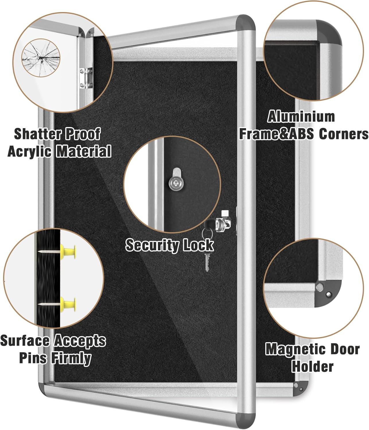 Mifuro 26"x20" Enclosed Bulletin Board, Lockable Weather-Resistant Aluminum Cork Noticeboard for School & Office, Silver Frame w/Black Flet