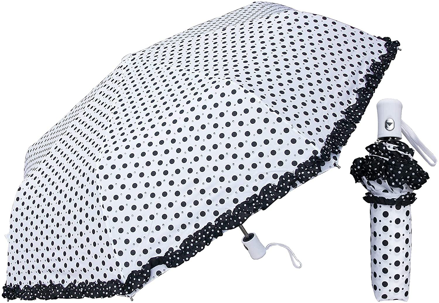 RainStoppers 44-Inch Auto Open Collapsible Umbrella in White with Ruffle and Matching Sleeve - 6 Pack