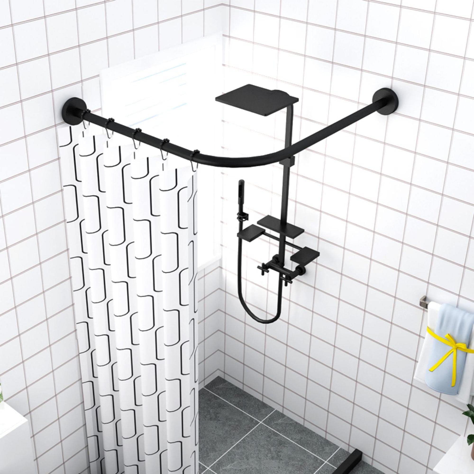 GLDYTVF Black Shower Curtain Rod, Curved L-Shaped Tension Rod, Adjustable Stainless Steel No-Drill Shower Curtain Rail for Bathroom, Clothing Store Décor