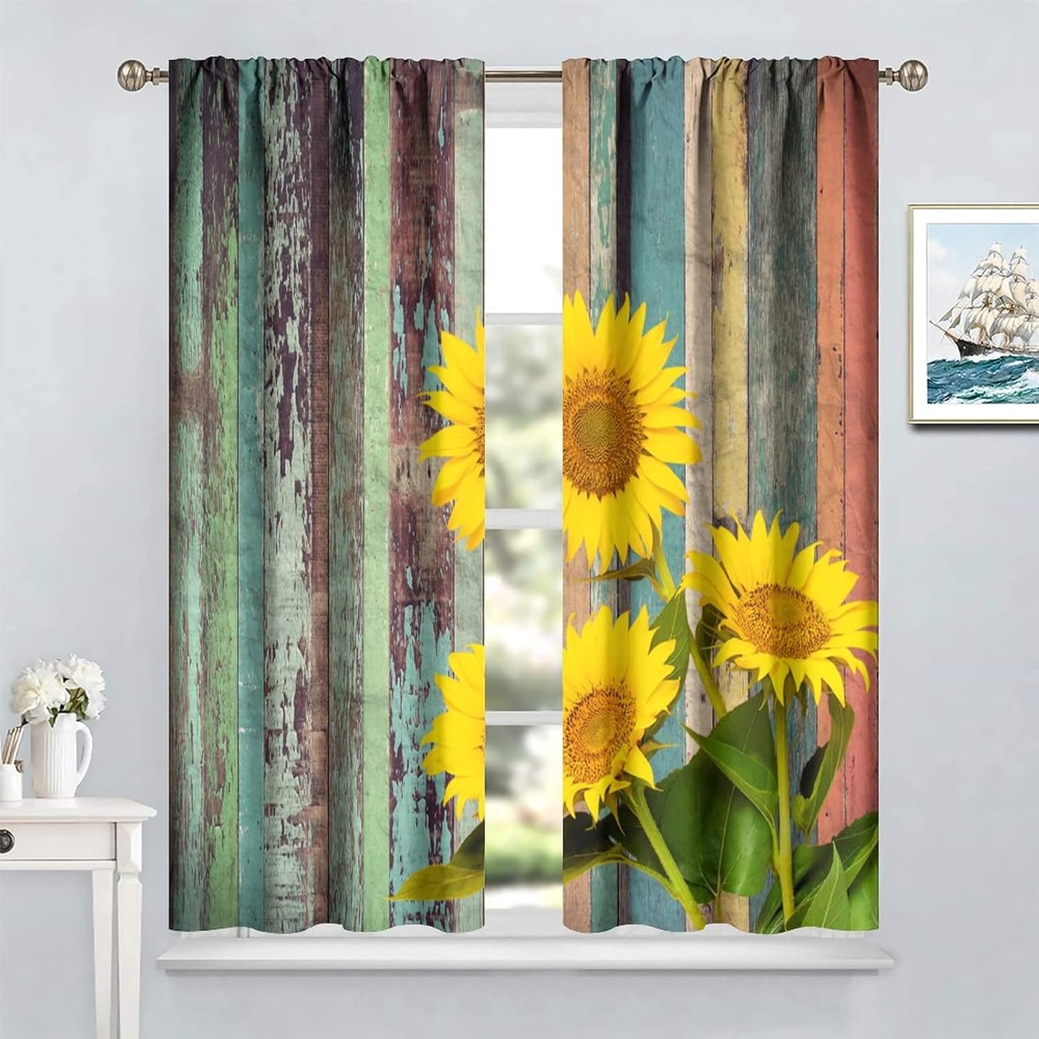Sunflower Curtains, Rustic Sun Flower on Wood Window Treatments for Living Room, Yellow Floral Blackout Farmhouse Country Drapes 2 Panel Sets,42x63 Inch