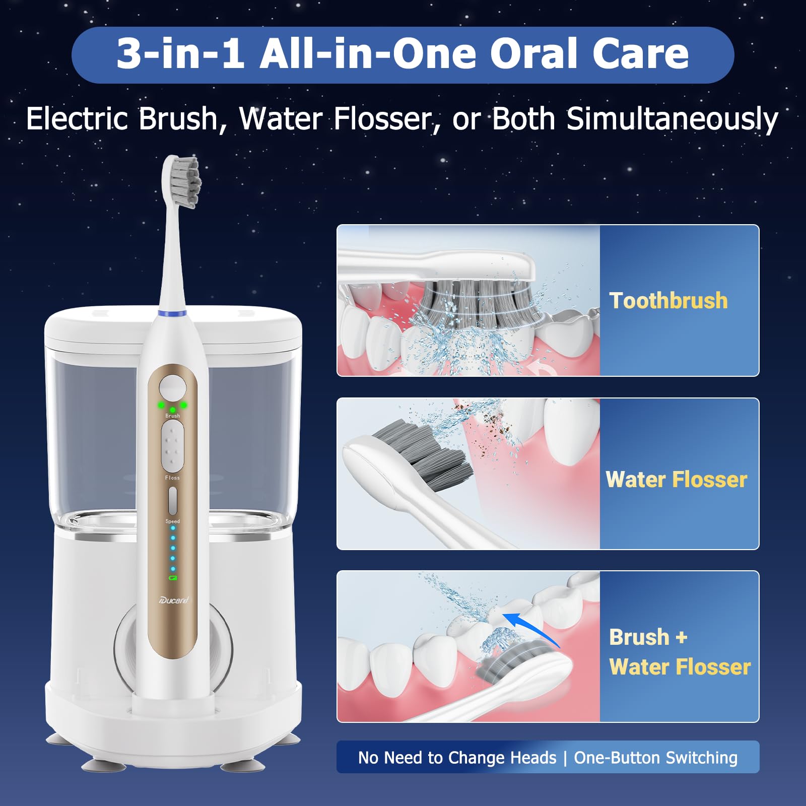 Cepillo de dientes eléctrico con hilo dental de agua, cepillo de dientes sónico 3 en 1 y irrigador dental de agua dental para limpieza de dientes adultos con 4 cabezales, sensible, cuidado de las