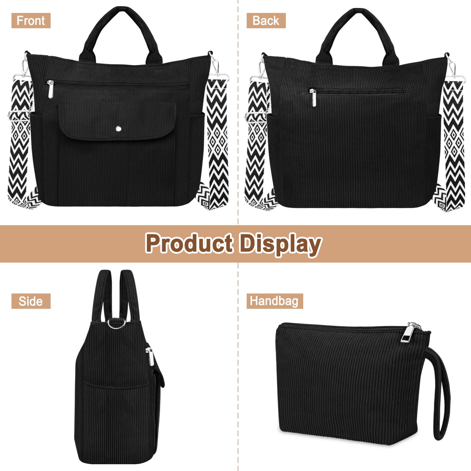 Grande Sac a Main Femme Velours Côtelé Sac Fourre Tout Sac Cabas Sac Multipoches avec Bandoulière Amovible Fermeture Éclair Sac Cours Lycee Sac Besace pour Shopping Travail Université