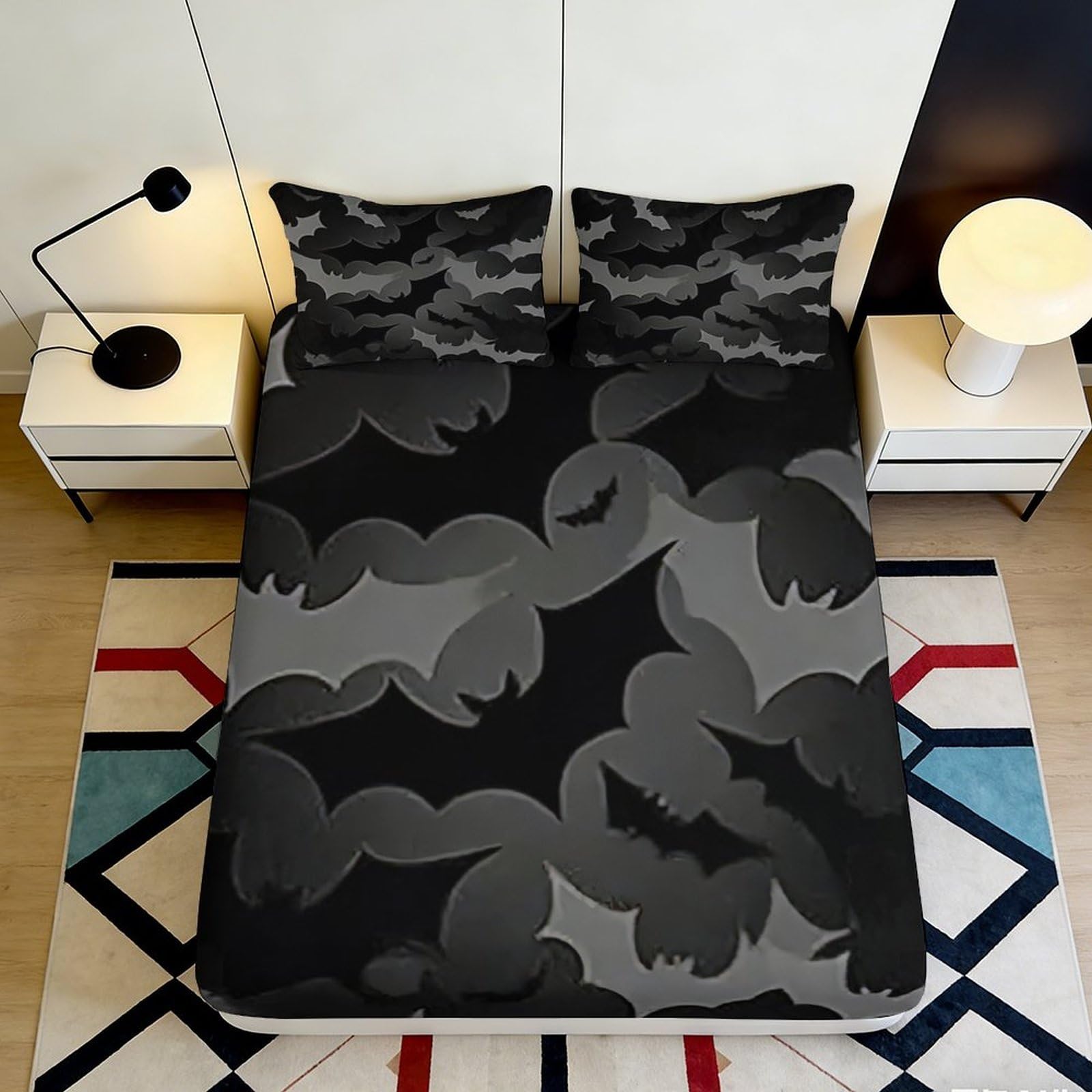 3D Printed Bat Pattern Fitted Sheet Microfiber Deep Pocket Bedroom Non-Slip Bat Mattress Fitted Cover Washable 140x200x25cm