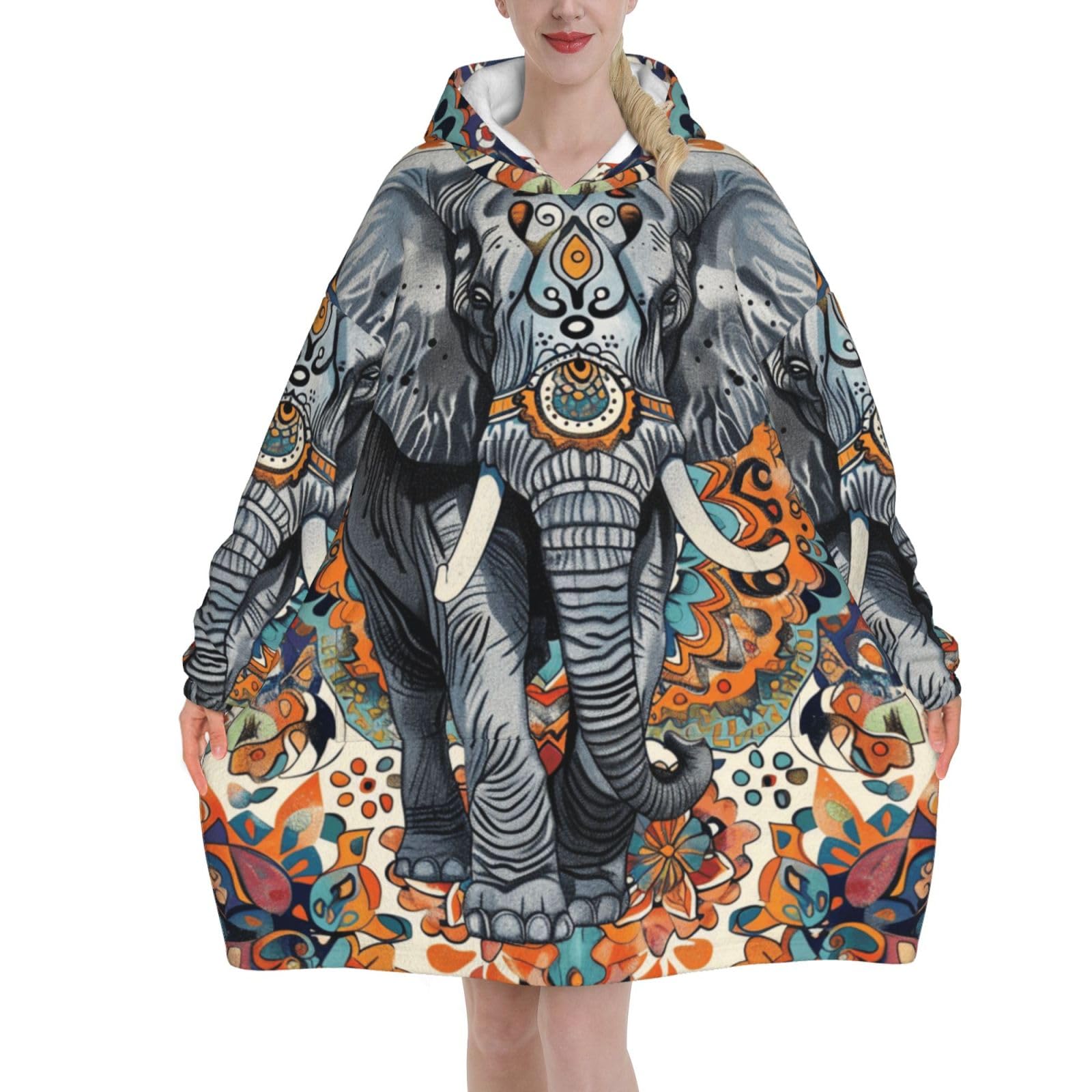Couverture à capuche sweat plaid oversize éléphant aztèque chaud - 8