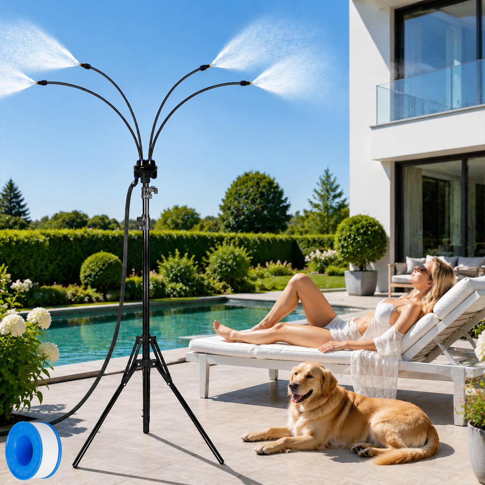 Wassernebel Kühlung Terrasse - Höhenverstellbarer Sprühnebel Terrasse mit 8m Schlauch & Messingnebeldüsen - Tragbarer Wasserzerstäuber für Garten, Balkon & Outdoor Abkühlung (1Pc)