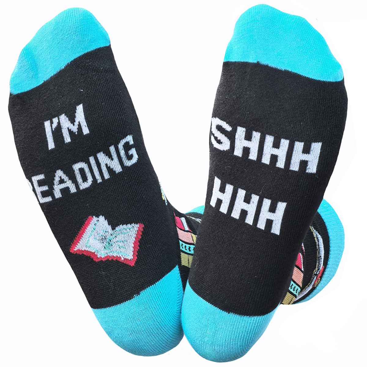 Lake blue mid-calf socks patterned with books, globes and pencils