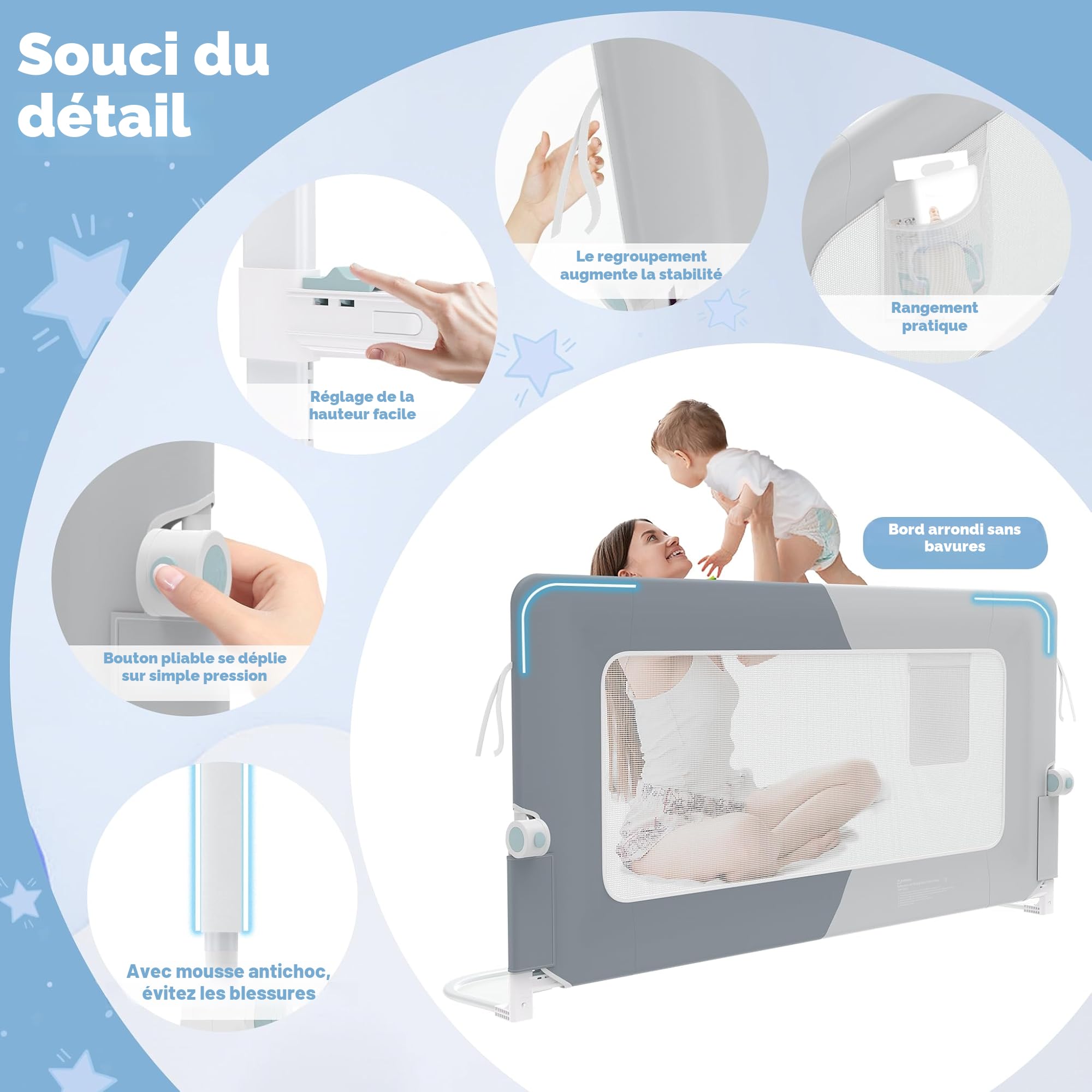 Barrière de lit rabattable protection anti-chute pour enfant 150 cm Gris foncé Gris clair