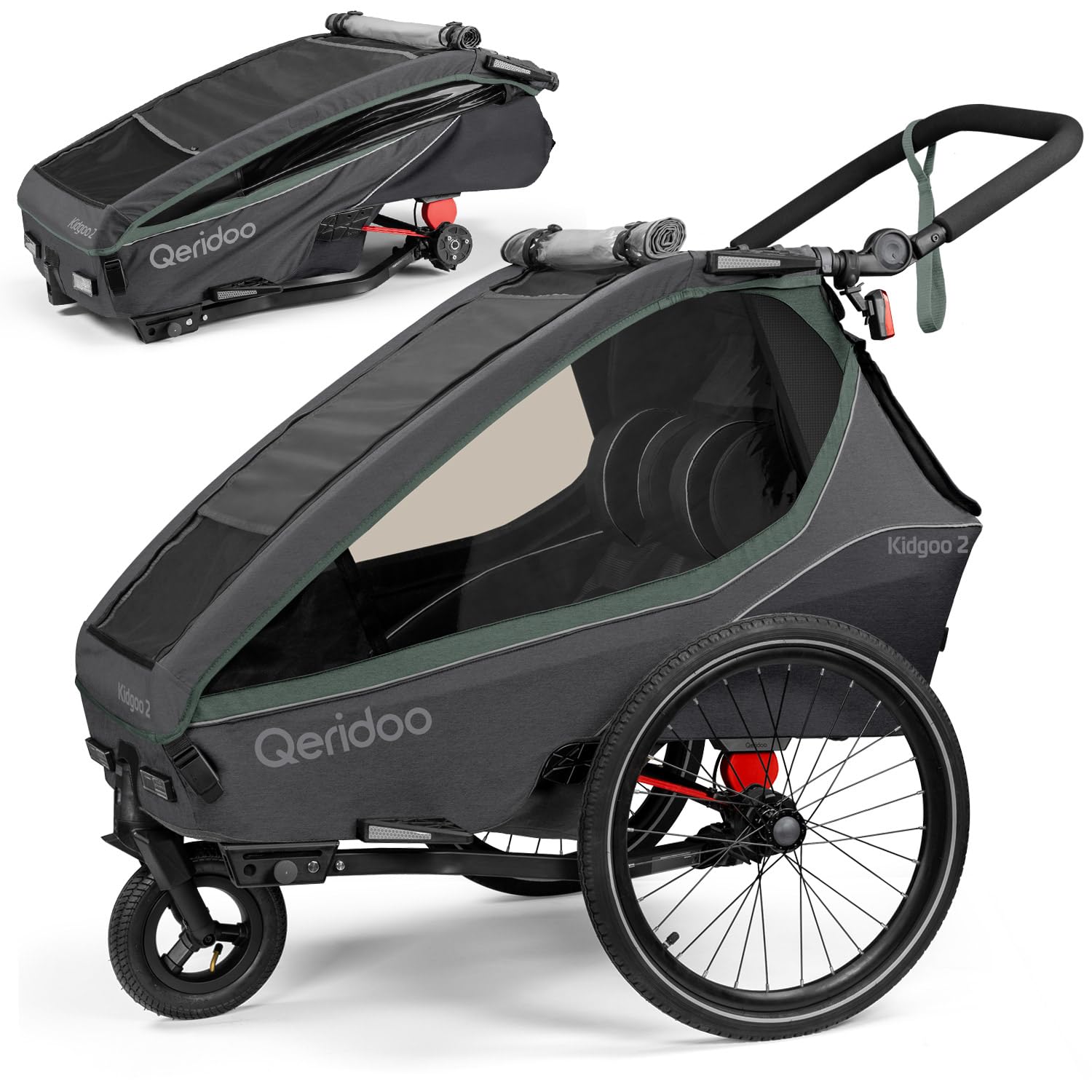 Qeridoo Kidgoo 2 Ivy Green Remorque de vélo pliable avec harnais à 5 points et système de fixation Easy-ARS pour 2 enfants avec roue de poussette rotative à 360° et protections de tête brevetées