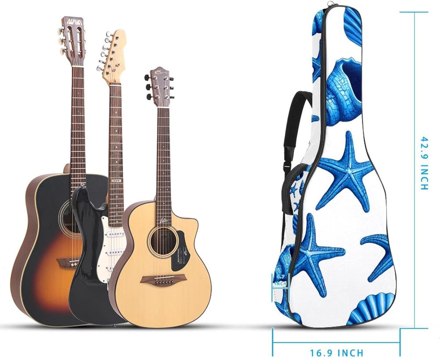 Acoustic Guitar Gig Bag 10mm Thick Padding, Soft Waterproof Guitar Case with Adjustable Backpack Straps for 40-42 Inch Guitar, Sea Shells in Blue on White