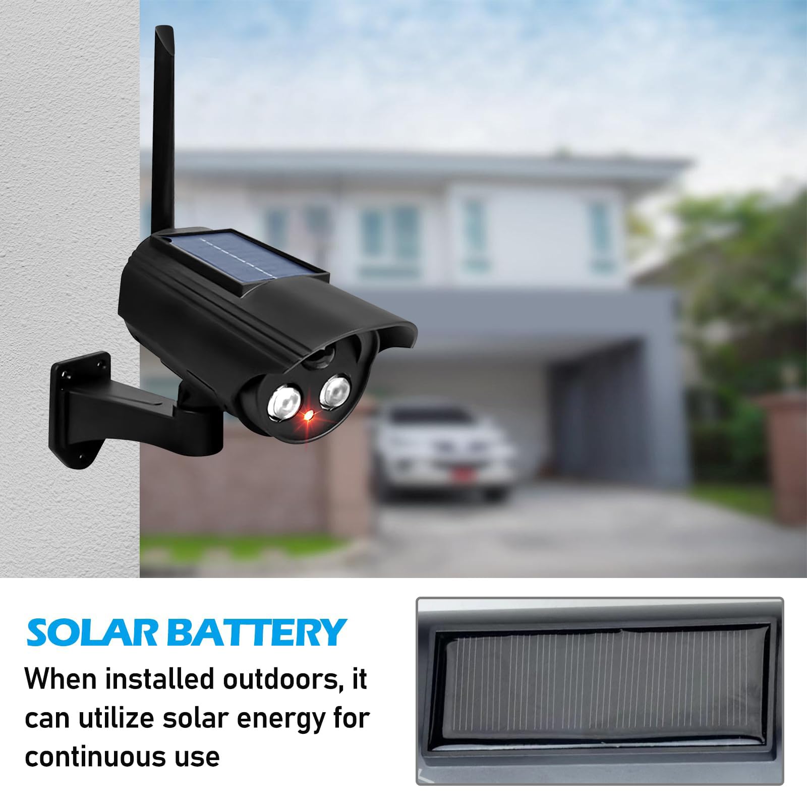 Lot de 4 caméras factices solaires factice d'extérieur avec lumière LED clignotante, factice solaire, caméra de surveillance factice pour garages, arrière-cours, portes d'entrée