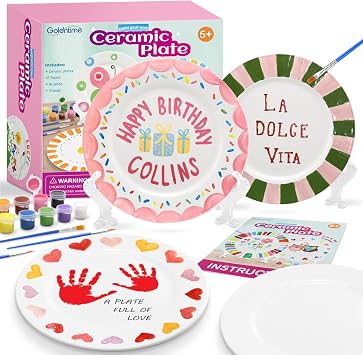 Goldentime Ceramic Painting Kit for Kids & Adults Includes 4 Ceramic Plates, 12 Paints, 4 Brushes & 4 Stands | Paint Your Own Ceramic Birthday Plates| Unpainted Ceramics for Fathers Day & Christmas