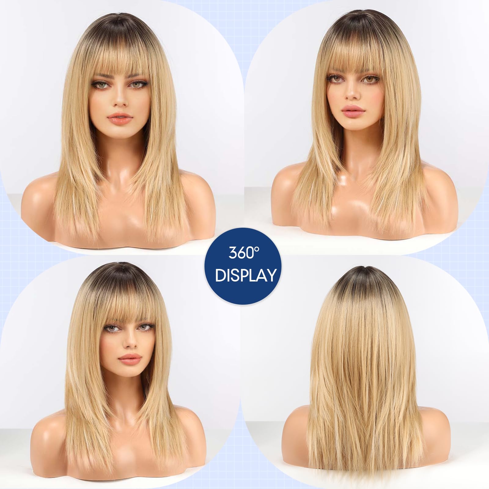 HAIRCUBE Donne Parrucca Straight Parrucche per le Donne Lunghezza Spalla Ombre Bionda Parrucca Sintetica con Bangs Cosplay quotidiano
